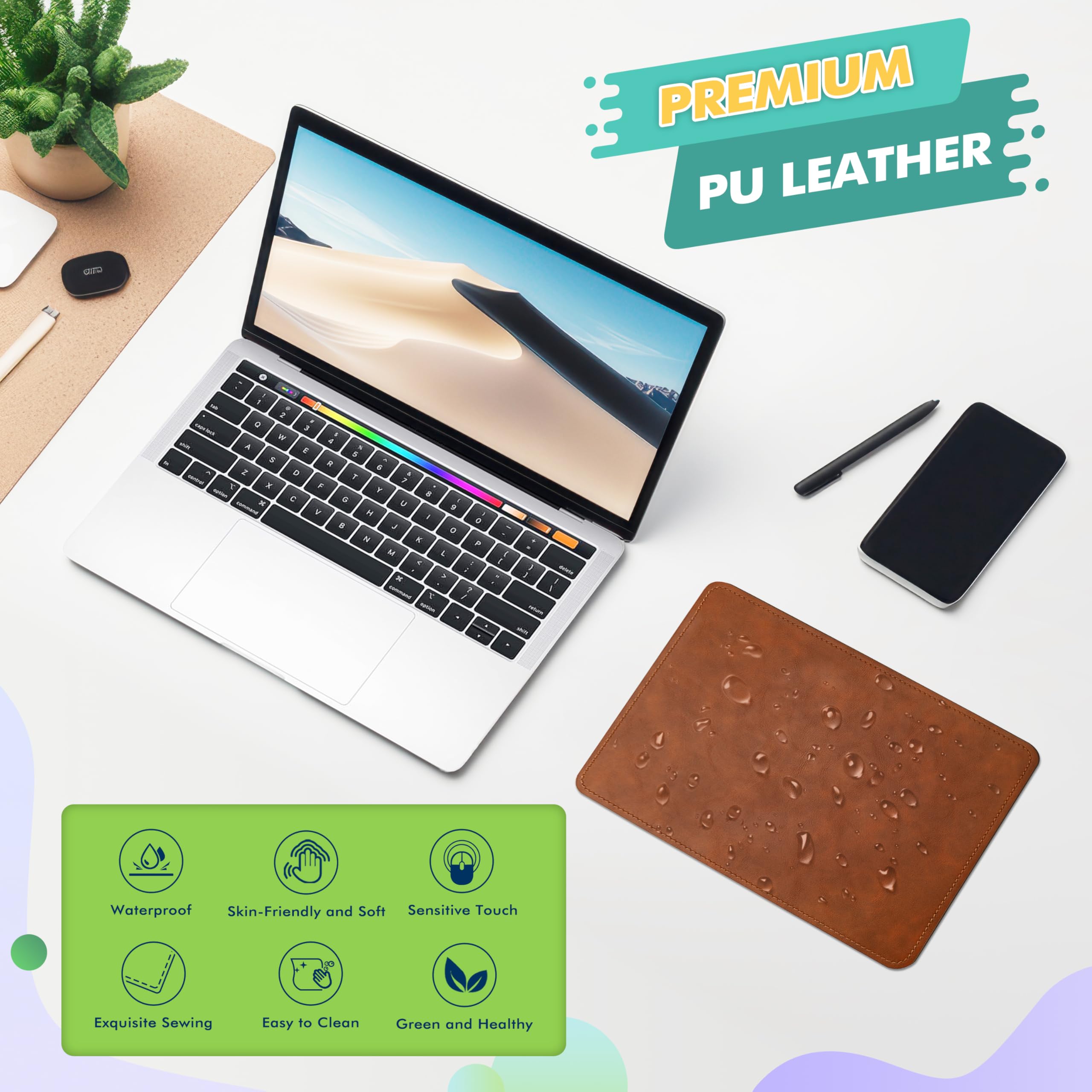 Premium PU Leather Mouse Pad with Stitched Edge & Non-Slip Microfiber Base - Waterproof Desk Mat for Computer, Laptop, Gaming (8x11 Inch, Caramel Brown) - Perfect for Office, Home & Workspace Use