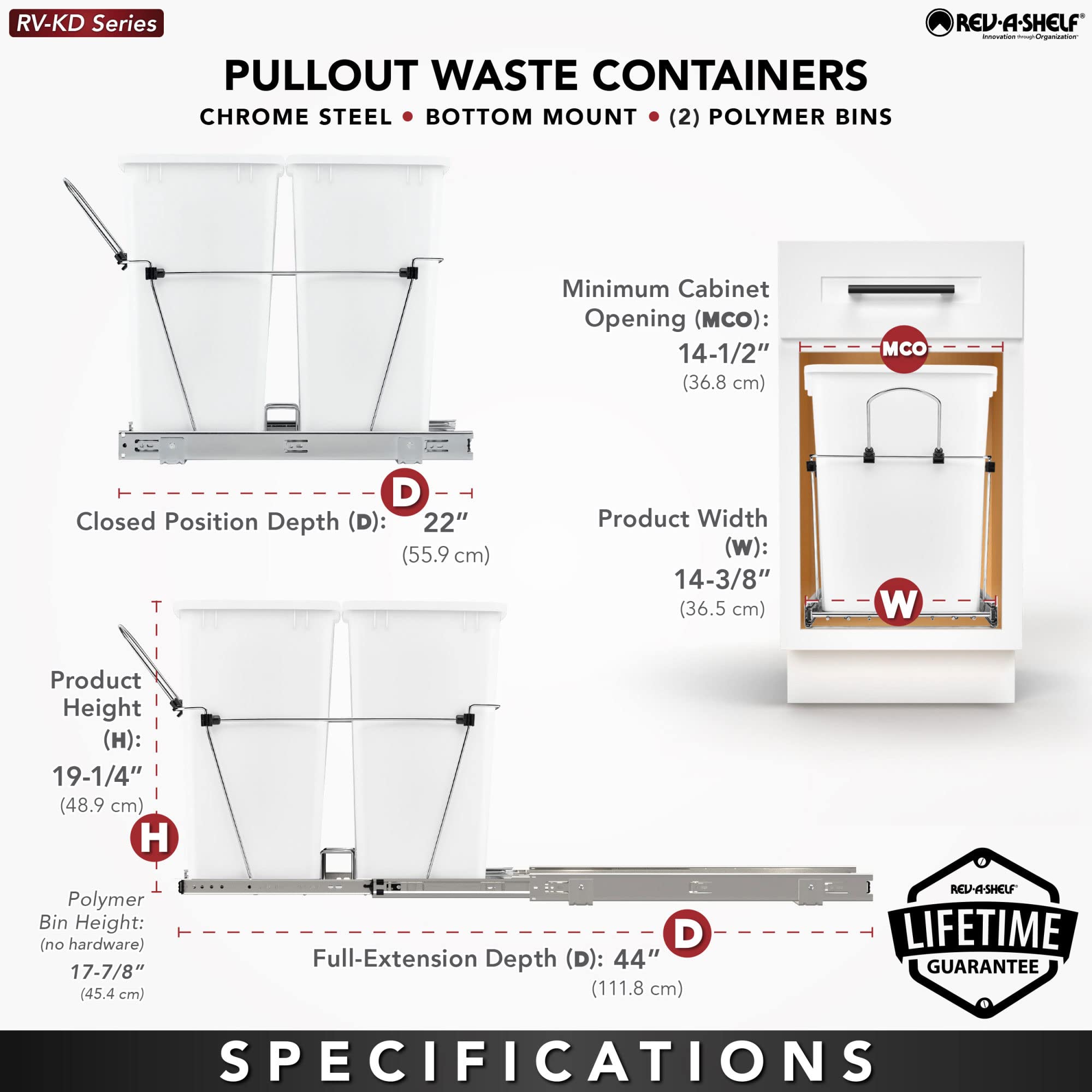Rev-A-Shelf 35 Quart Double Pullout Trash Can for Kitchen Cabinets - Blue/Black Garbage Recycling Bin with Full Extension Slides (RV-18KD-2218C-S) - Perfect for Kitchen Organization & Waste Management