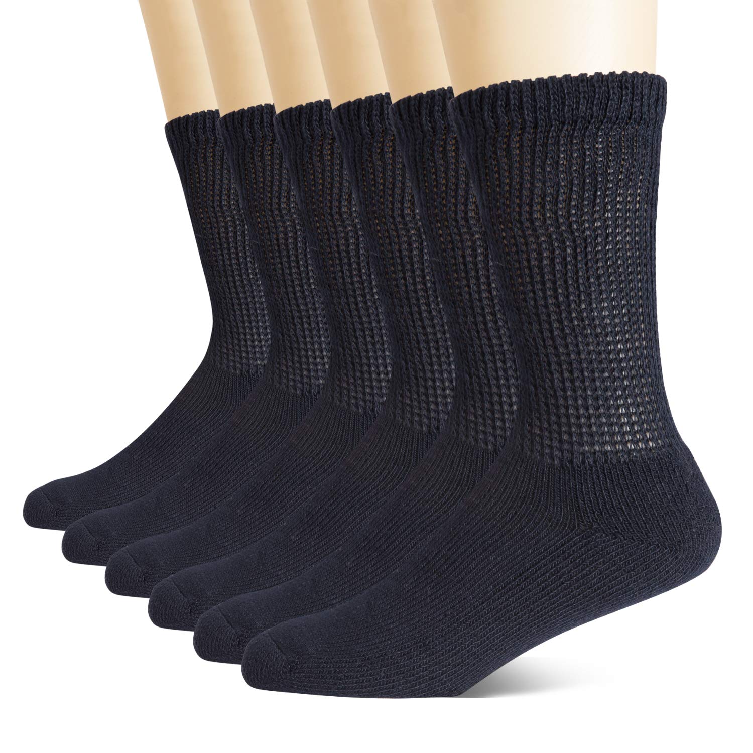 Non-Binding Diabetic Socks for Men & Women - 6 Pairs Medical Circulation Crew Socks with Cushioned Sole (Black, Size 10-13) - Ideal for Daily Wear, Travel & Diabetic Foot Care