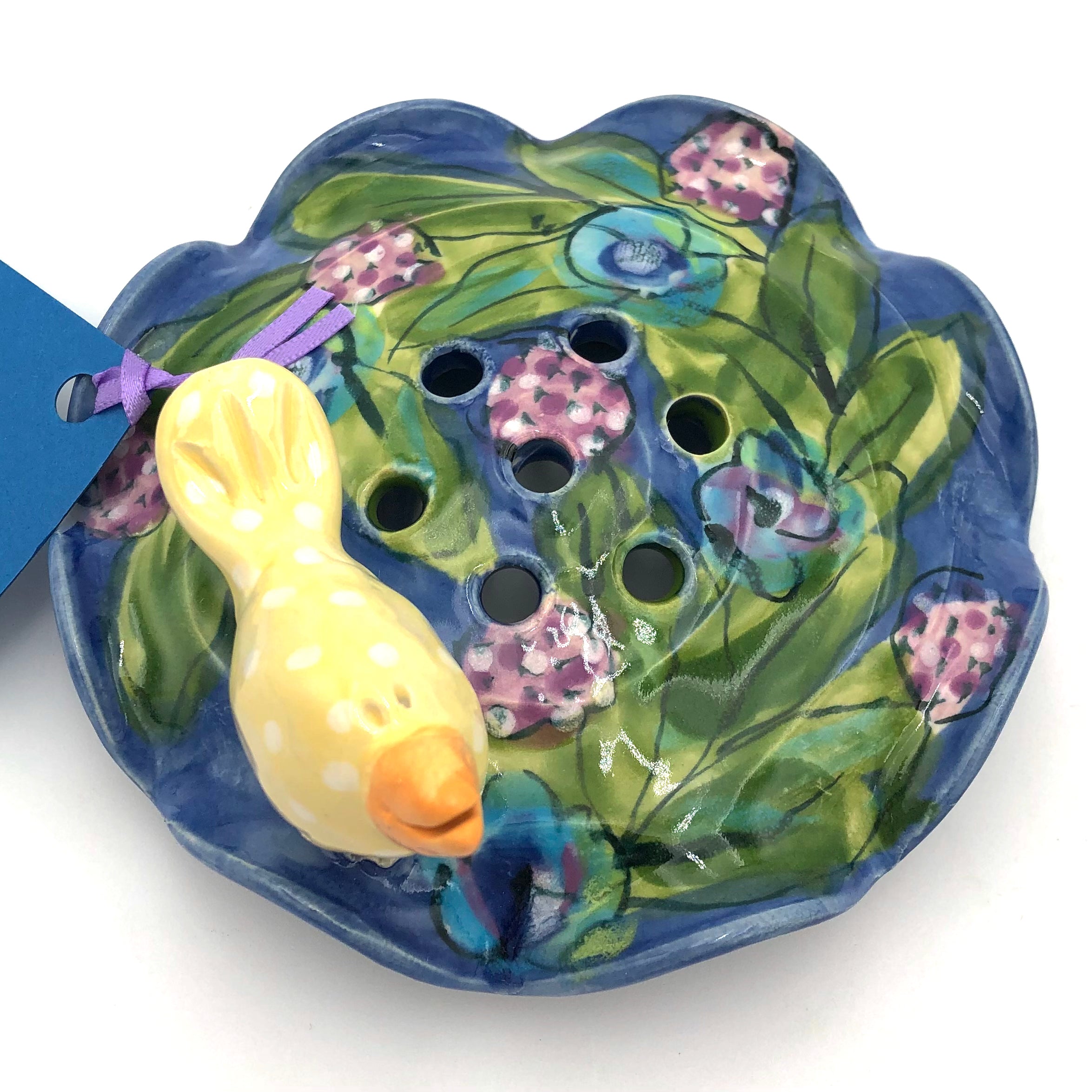 Susan & Peter Stark Blue Ceramic Flower Frog - Vintage Floral Arrangement Holder for Bouquets, Centerpieces & DIY Crafts