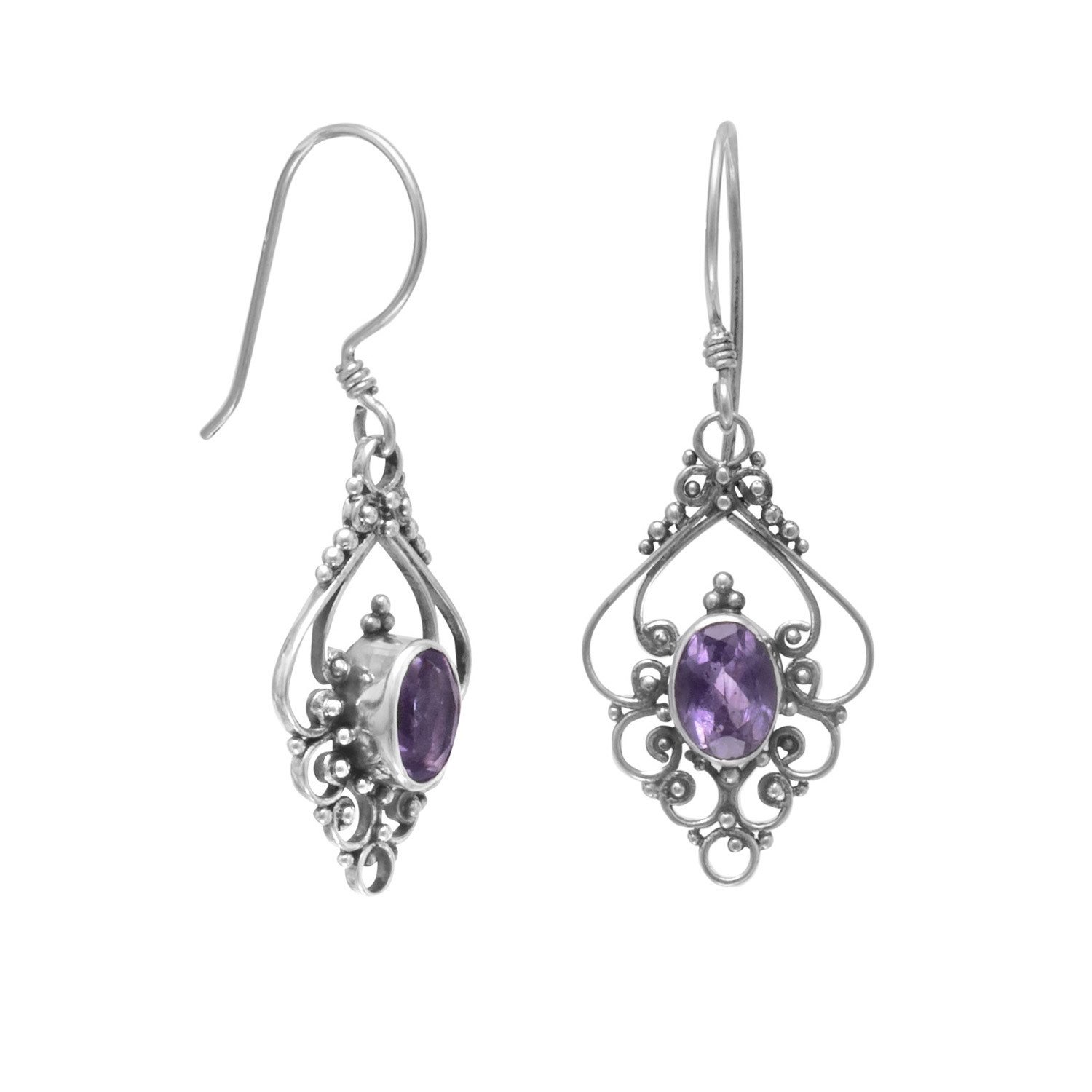 Vintage Amethyst Filigree Earrings with Scroll Design - Sterling Silver Jewelry for Women - Perfect for Weddings, Parties & Special Occasions