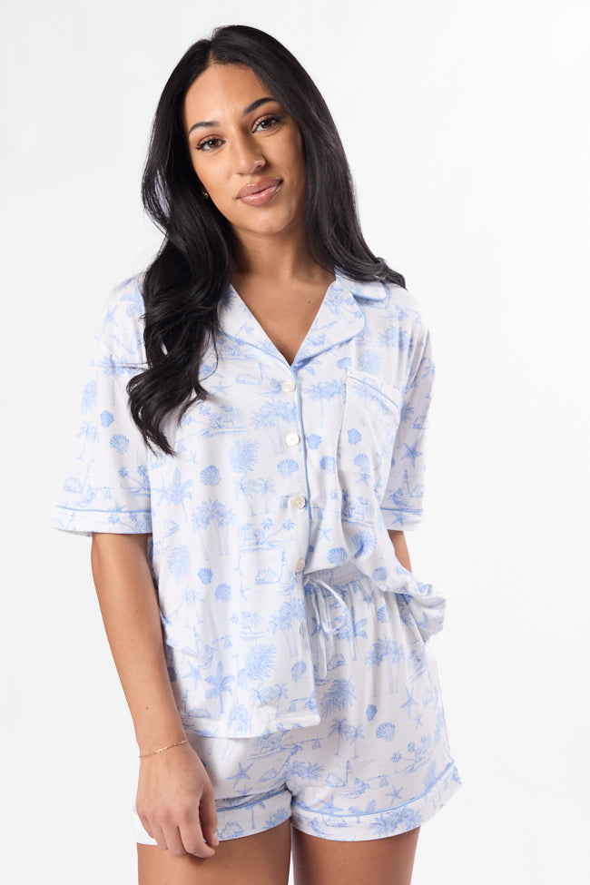 Blue Coastal Toile Short Sleeve Pajama Top for Women - Comfortable Sleepwear for Summer Nights & Beach Vacations - Perfect for Relaxing at Home or Coastal Getaways