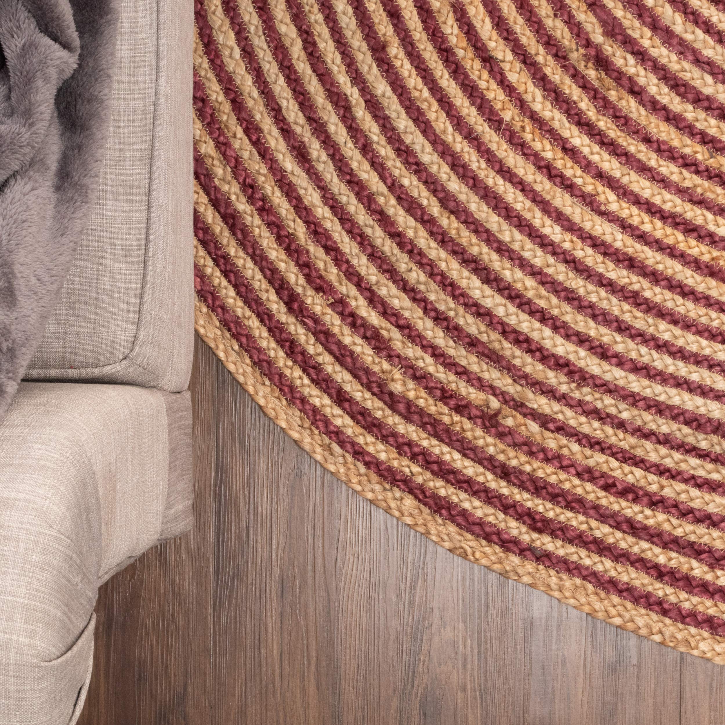 Premium Handwoven Braided Jute Area Rug - 8' Round Burgundy Indoor Floor Mat for Living Room, Dining Room, Bedroom & Office - Eco-Friendly Farmhouse Decor Perfect for Cozy Home Spaces