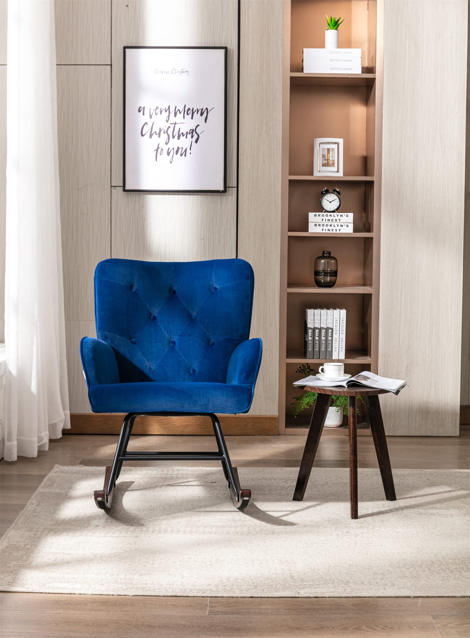 Luxury Velvet Rocking Chair - Tufted Upholstered Nursery Rocker with Solid Wood Base & Metal Frame - Comfortable Accent Armchair for Living Room, Bedroom, Nursery or Balcony - Navy Blue Modern Rocking Chair - Perfect for Nursing, Reading & Relaxing