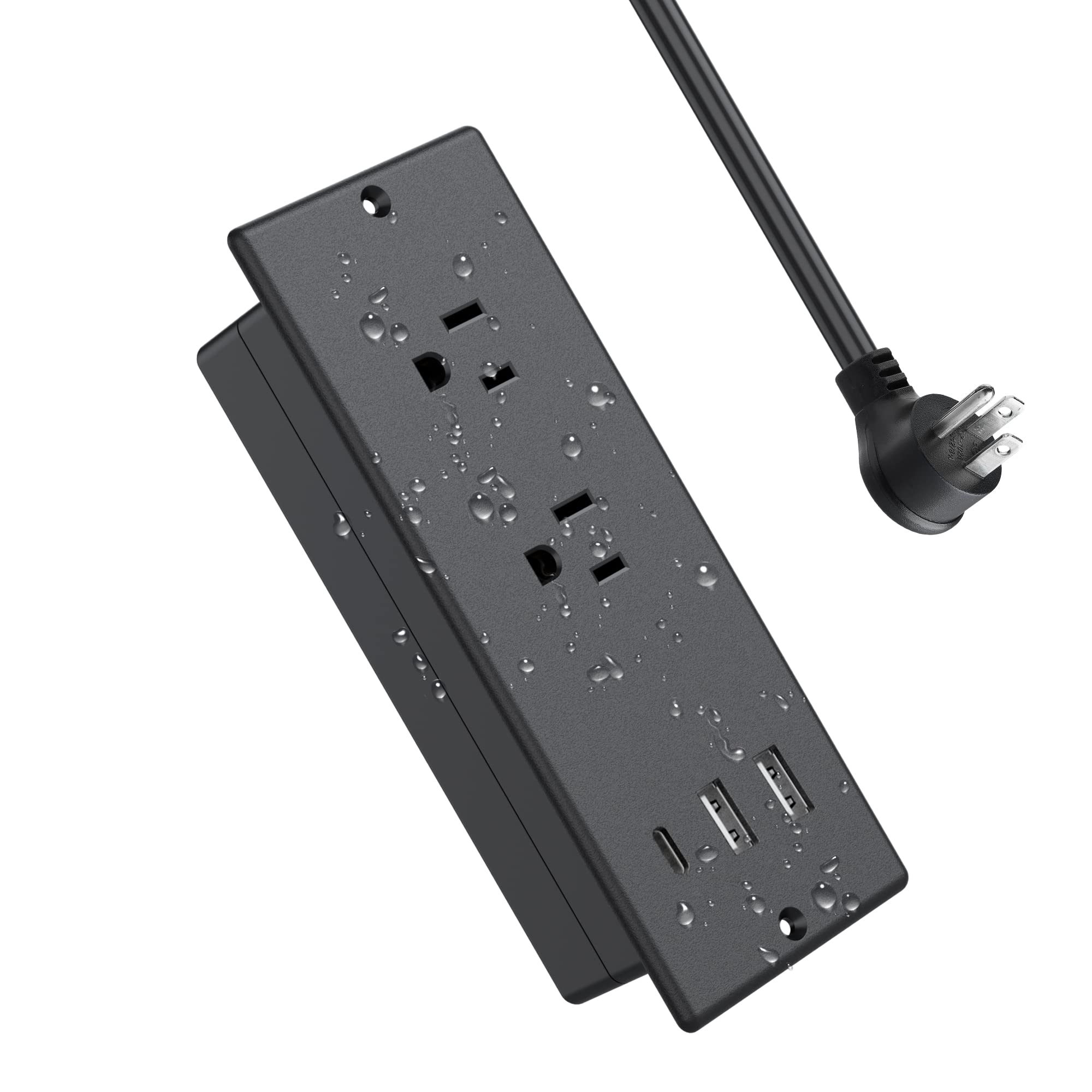 Recessed Power Strip with 20W USB-C Fast Charging & 2 Outlets - Waterproof Desk & Furniture Power Outlet, Surge Protector for Conference Rooms, Drawers, Flat Plug & 6ft Cable (Black) - Ideal for Office, Home & Workspace Charging Needs