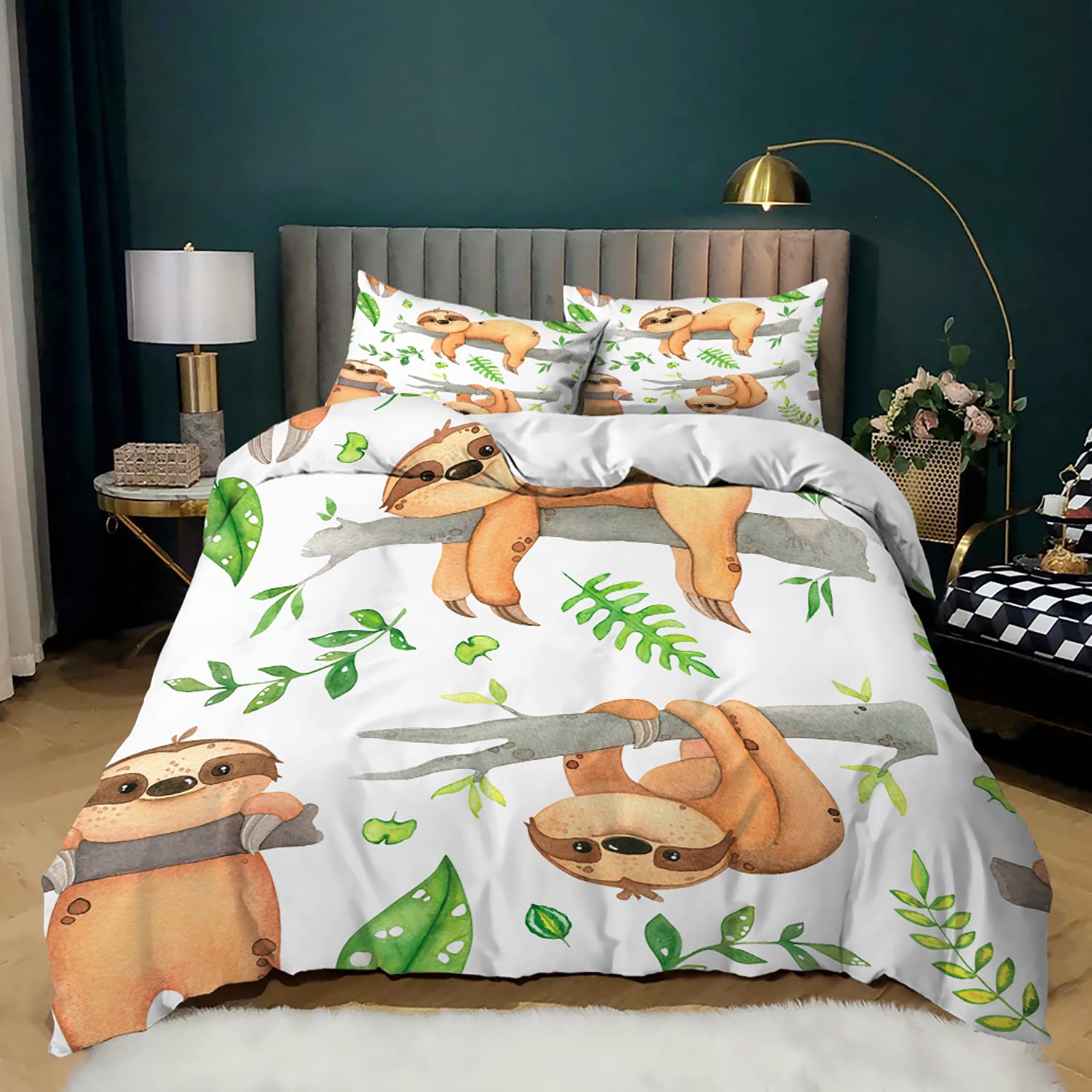 Cartoon Sloth Duvet Cover Set Queen Size - 3 Piece Sloth Printed Bedding Set with 1 Quilt Cover & 2 Pillowcases for Kids, Girls & Boys | Perfect for Kids' Bedrooms, Sleepovers & Sloth-Themed Decor