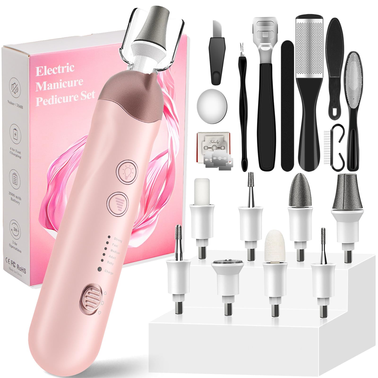 AOMEES Rechargeable Electric Nail File Set - Professional Manicure & Pedicure Kit with 5 Speed Settings, 100Pcs Nail Drill Bits & Sanding Bands - Perfect for At-Home Nail Care, Salon Professionals & DIY Beauty (Pink)