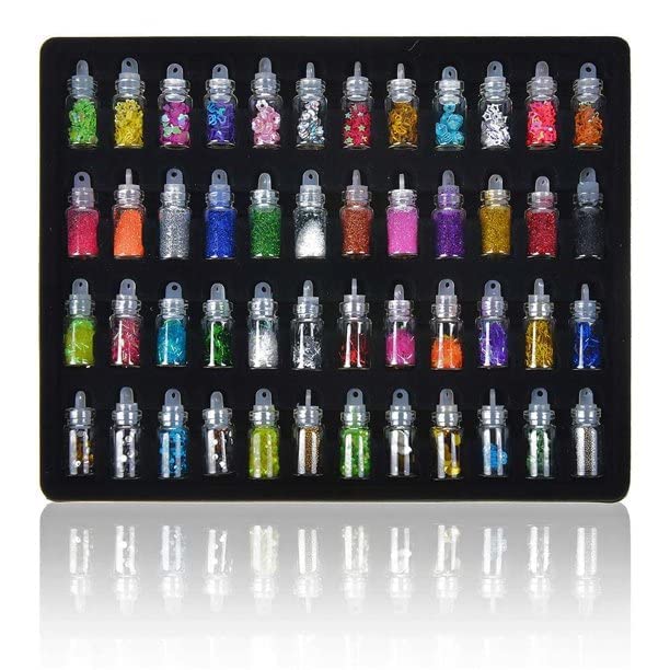 48 Pcs Glass Bottles 3D Nail Art Set with Glitter Sequins & Rhinestones - Assorted Colors for DIY Nail Design, Manicure, Pedicure and Home Decoration