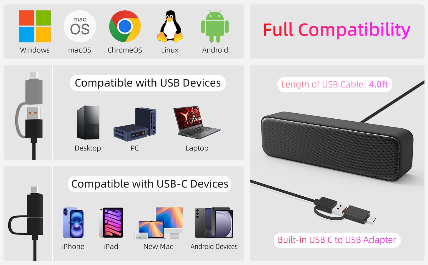 High-Quality Computer Speakers for Desktop PC & Laptop, Mini USB Soundbar with Loud Sound & Deep Bass, Wired USB Plug-in, Wide Compatibility, Built-in USB-C to USB Adapter – Perfect for Gaming, Movies, and Music