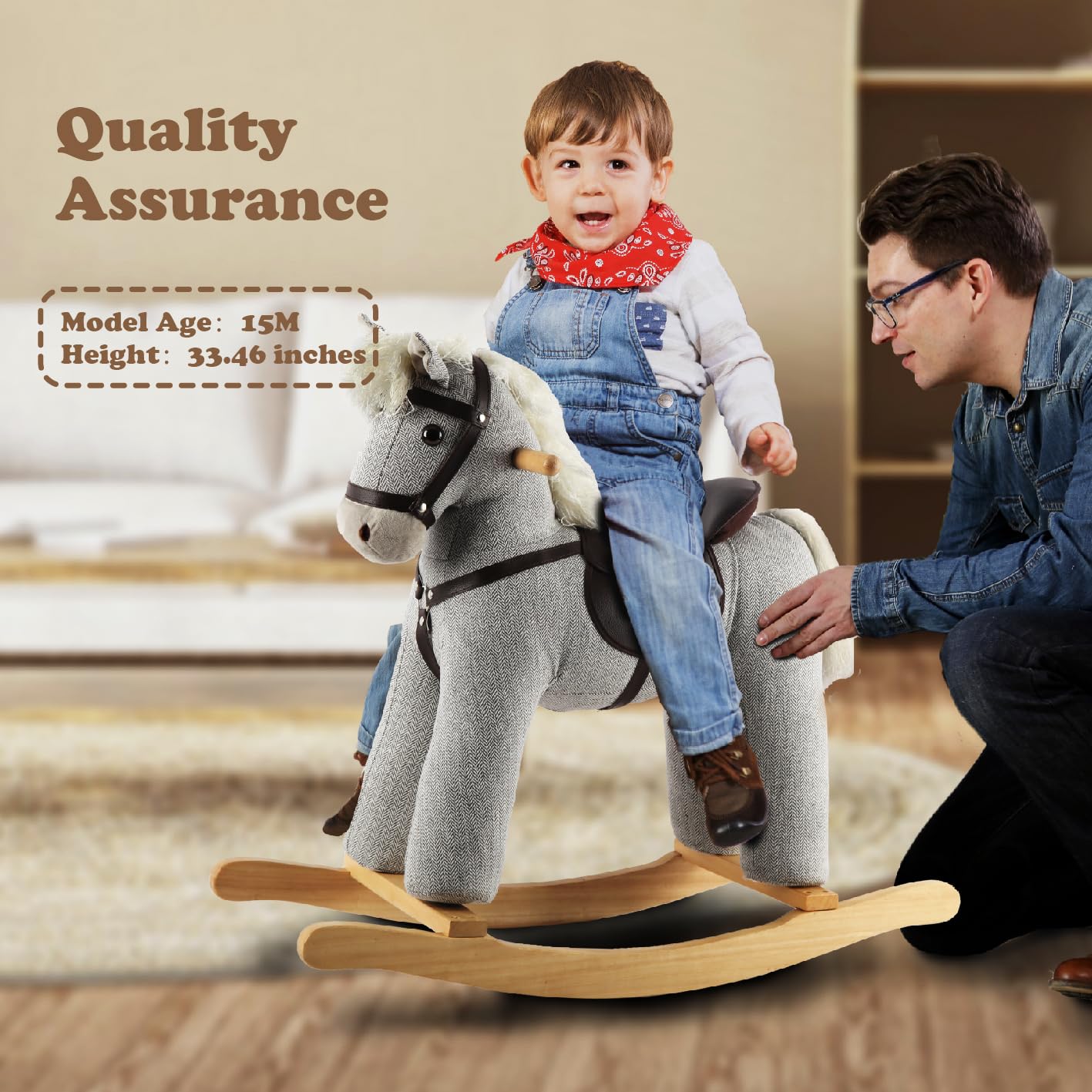 Gray Wooden Rocking Horse Toy with Realistic Sound - Safe & Fun Ride-On Pony for Kids | CPC Certified | Perfect for Nursery Decor & Toddler Playtime