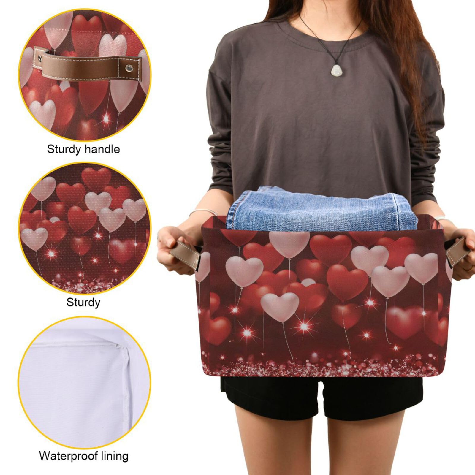 2-Pack Valentine's Day Heart Balloon Fabric Storage Bins with Handles - Closet Organizer Baskets for Clothes, Toys & Home Decor - Perfect for Bedroom, Nursery & Gift Giving