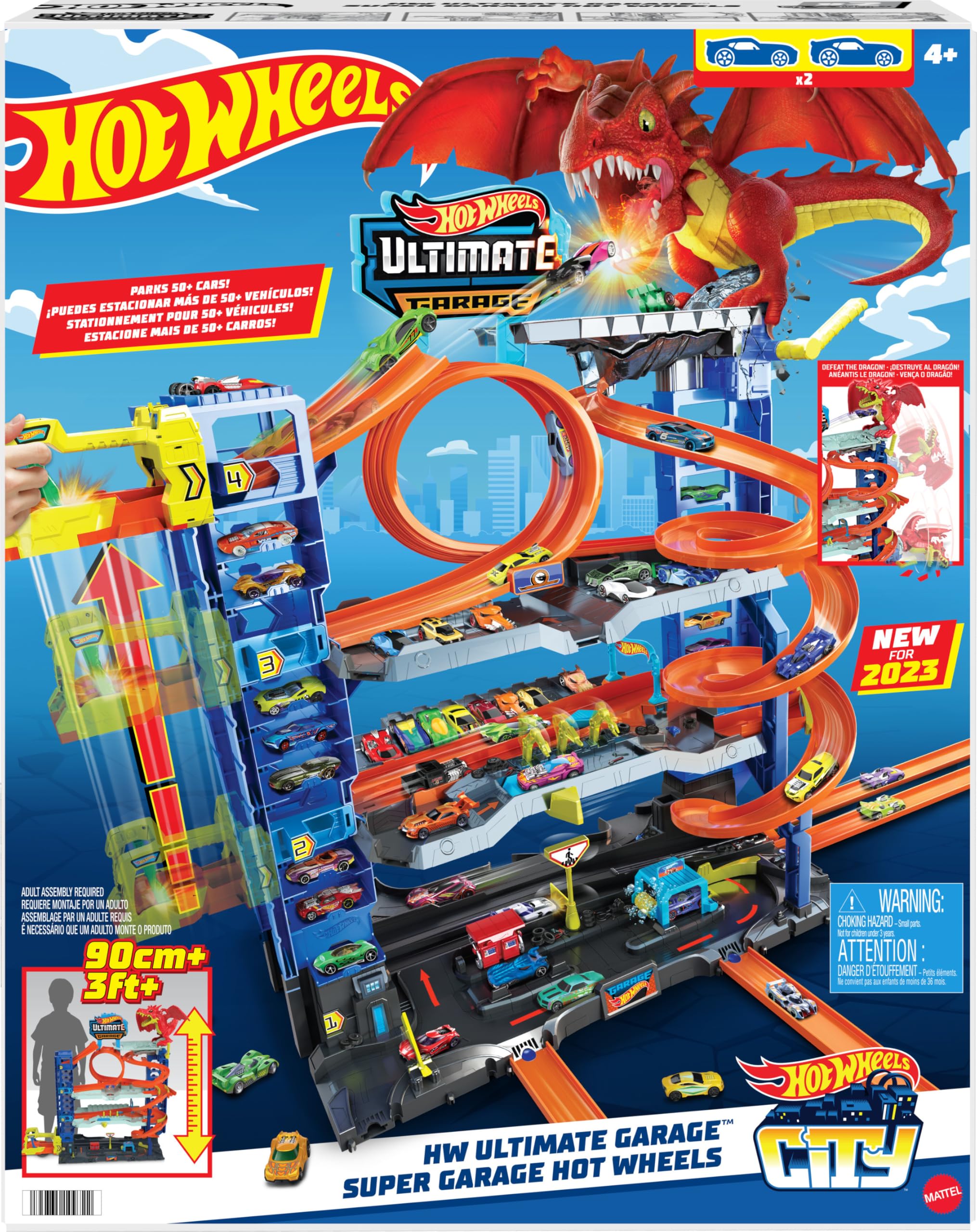 Hot Wheels Ultimate Garage Toy Car Track Set with 2 Die-Cast Cars & Car-Eating Dragon - 4-Level Playset Stores 50+ Vehicles - Perfect for Kids' Birthday Gifts & Indoor Racing Fun