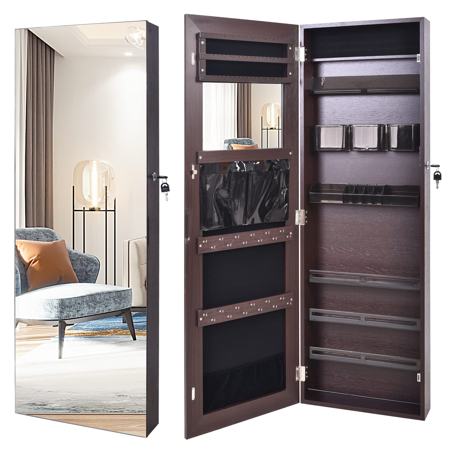 Frameless Lockable Full-Length Mirror Jewelry Organizer - Transparent Wall-Mounted Jewelry Cabinet with Mirror, Jewelry Armoire, Hanging Mirror for Bedroom & Closet (Brown) - Perfect for Organizing Necklaces, Earrings & Accessories