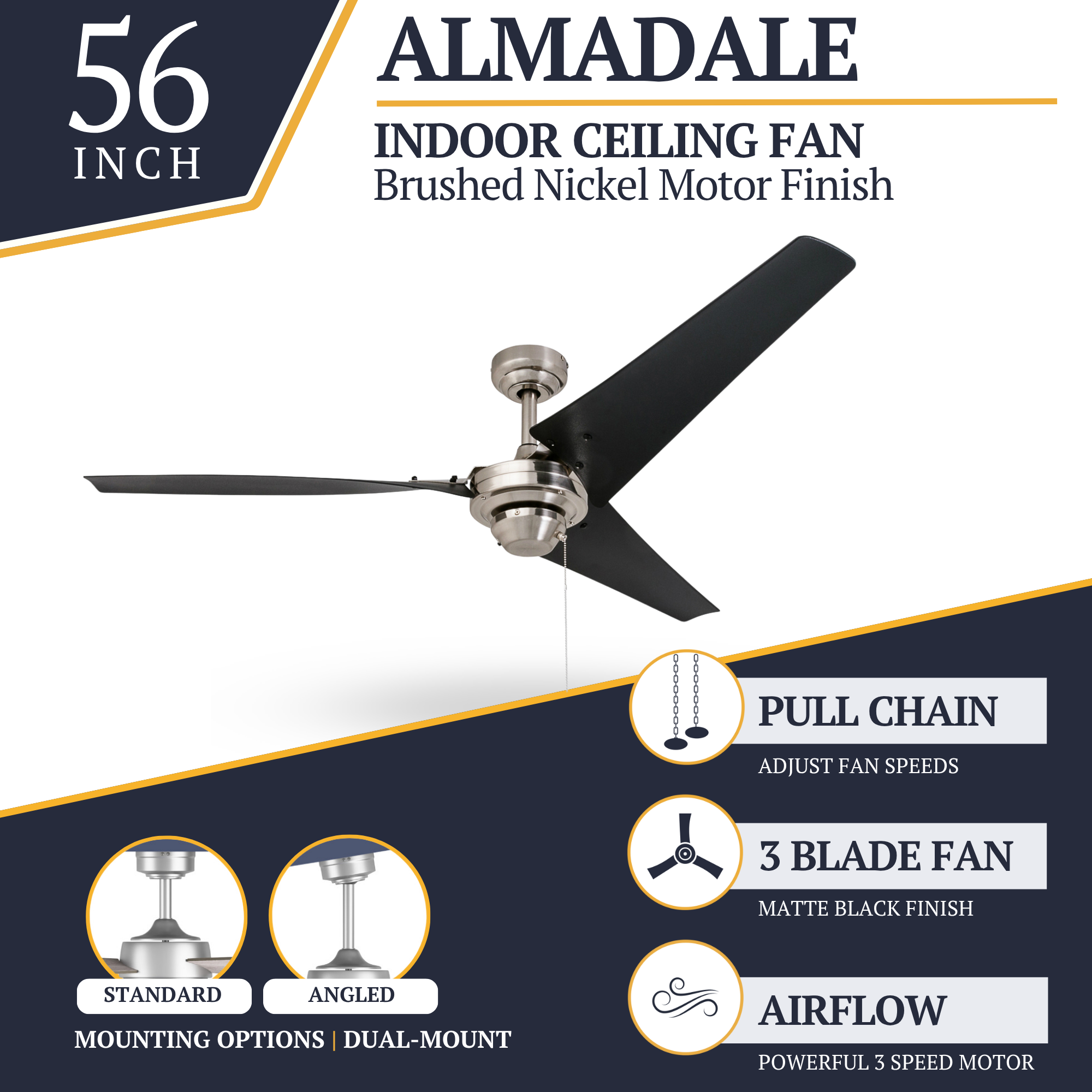 56 Inch Almadale Brushed Nickel Ceiling Fan with Pull Chain - Modern Cooling for Living Room, Bedroom & Outdoor Spaces
