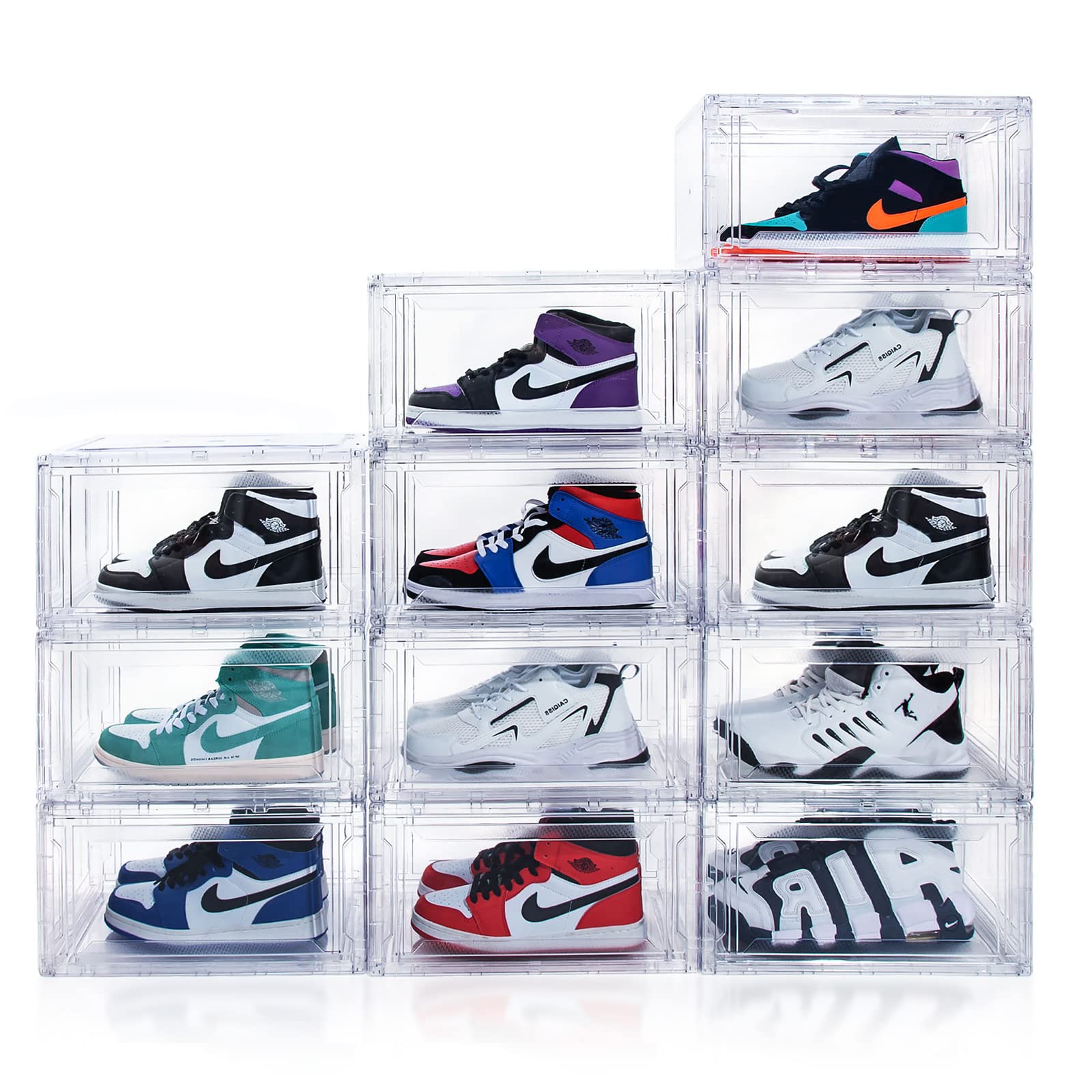 12 Pack Clear Acrylic Shoe Storage Boxes – Stackable Sneaker Display Case with Magnetic Door for Sneaker Collection, Boots & Hats Organizer (Fits US Size 15) – Perfect for Closet Organization & Shoe Store Display