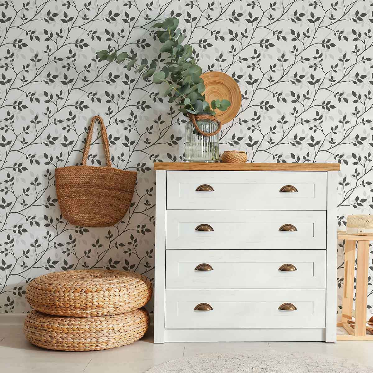 Grey Leaf Peel and Stick Removable Wallpaper 4017 - Self-Adhesive Wall Decor for Bedroom, Living Room, Nursery & Office