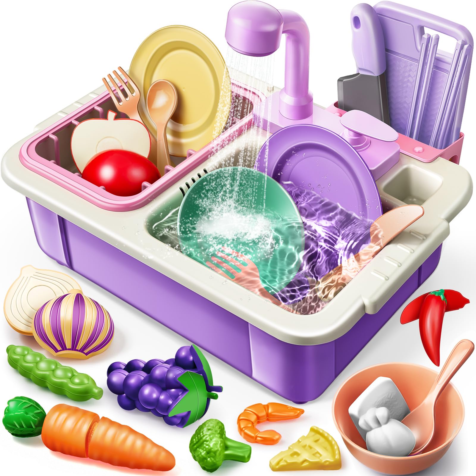 Geyiie Kids Kitchen Sink Toy with Running Water - Realistic Play Sink Set with Faucet, Dish Rack & Cutting Food - Educational Pretend Play Toy for Toddlers Ages 3-7 - Perfect Gift for Bath Time & Role Play Fun