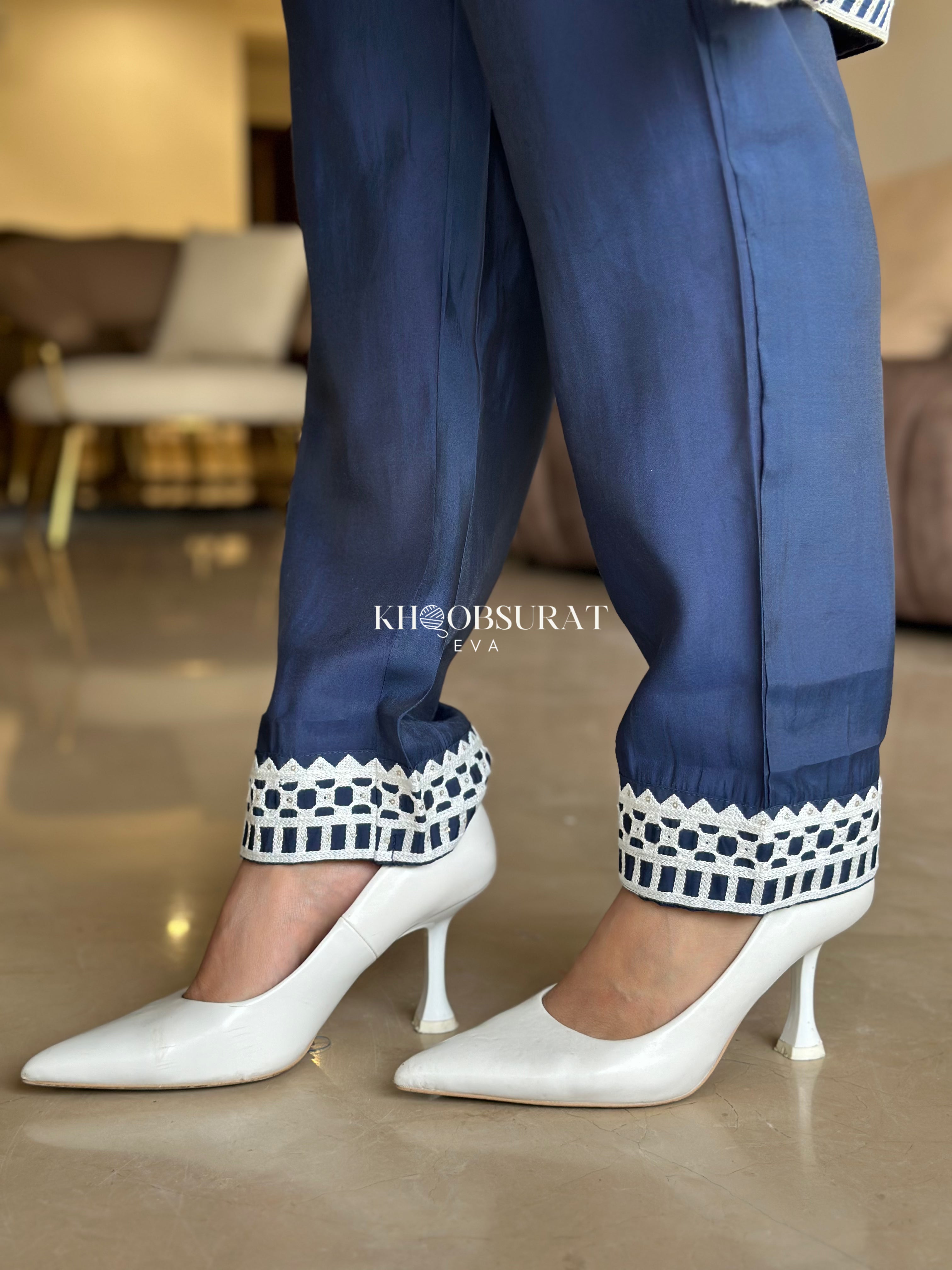 Sapphire Stitch Embroidered Blue Matching Outfit Set for Women - Elegant Lounge Wear & Casual Date Night Outfits