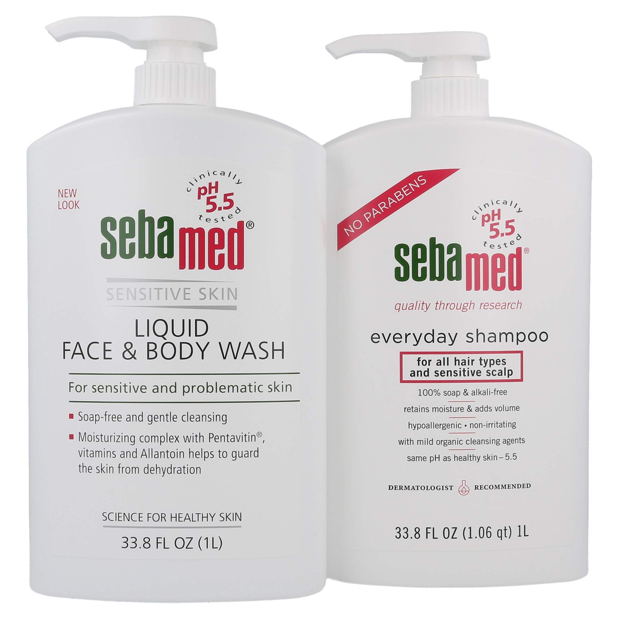 Sebamed Everyday Shampoo for All Hair Types & Sensitive Scalp + Liquid Face & Body Wash - 2 x 1 Liter Value Bundle Pack | Gentle Cleansing for Daily Hair & Skin Care | Perfect for Sensitive Skin & Dry Scalp Relief