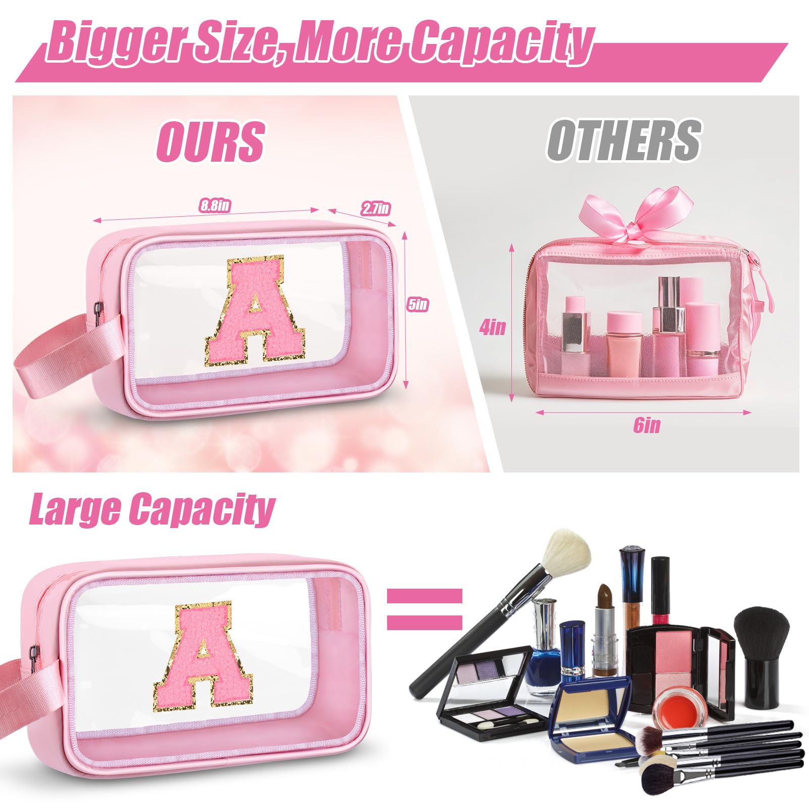 Personalized Monogrammed Makeup Bag Letter A - Cute Clear Cosmetic Travel Organizer for Women & Girls, Waterproof Toiletry Pouch for Beach, Gym, Travel & Daily Use - Pink Aesthetic Design