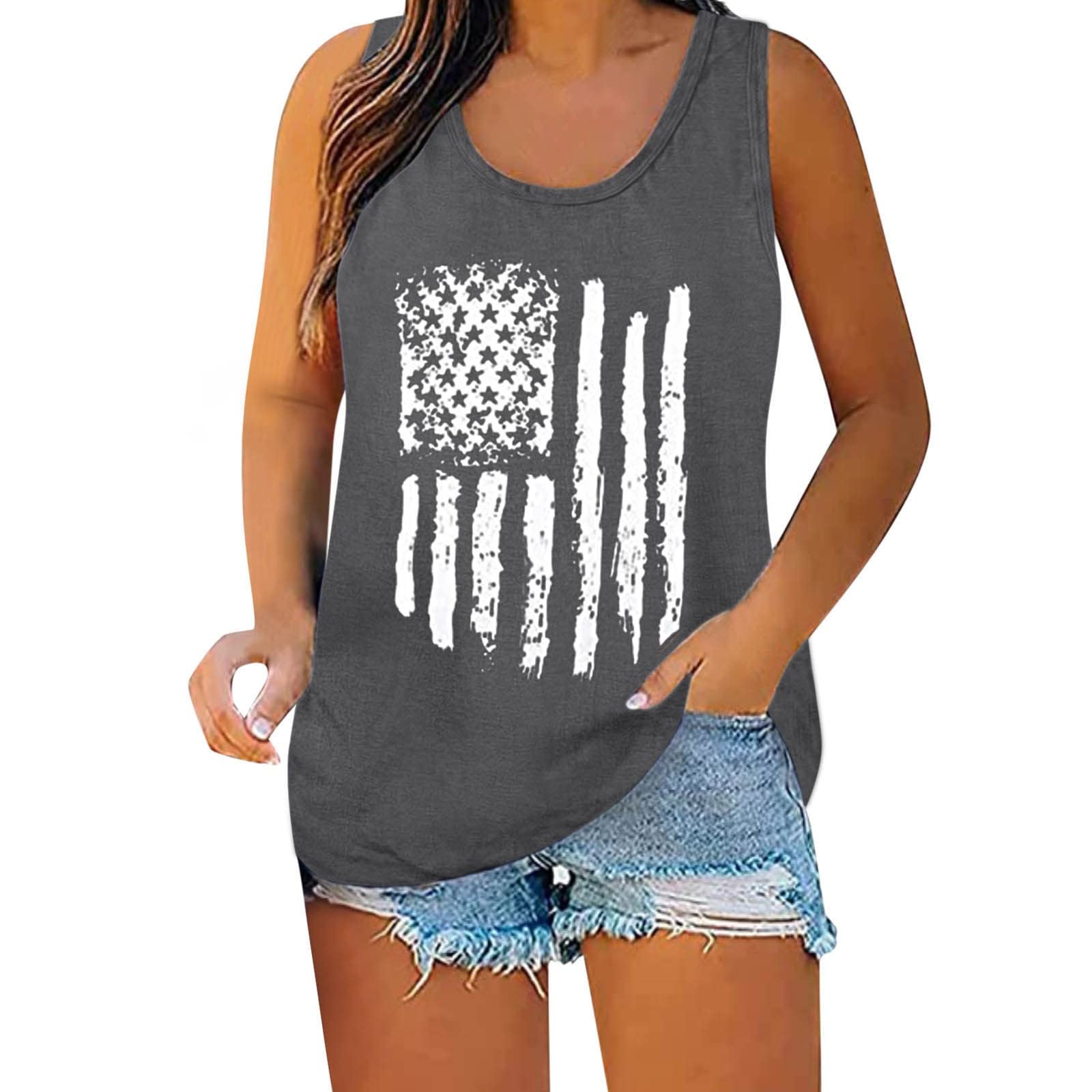Women's Independence Day Printed Tank Tops - Sleeveless Summer Muscle Tee for Casual Wear & Workout - Patriotic Holiday Outfit & Everyday Fashion