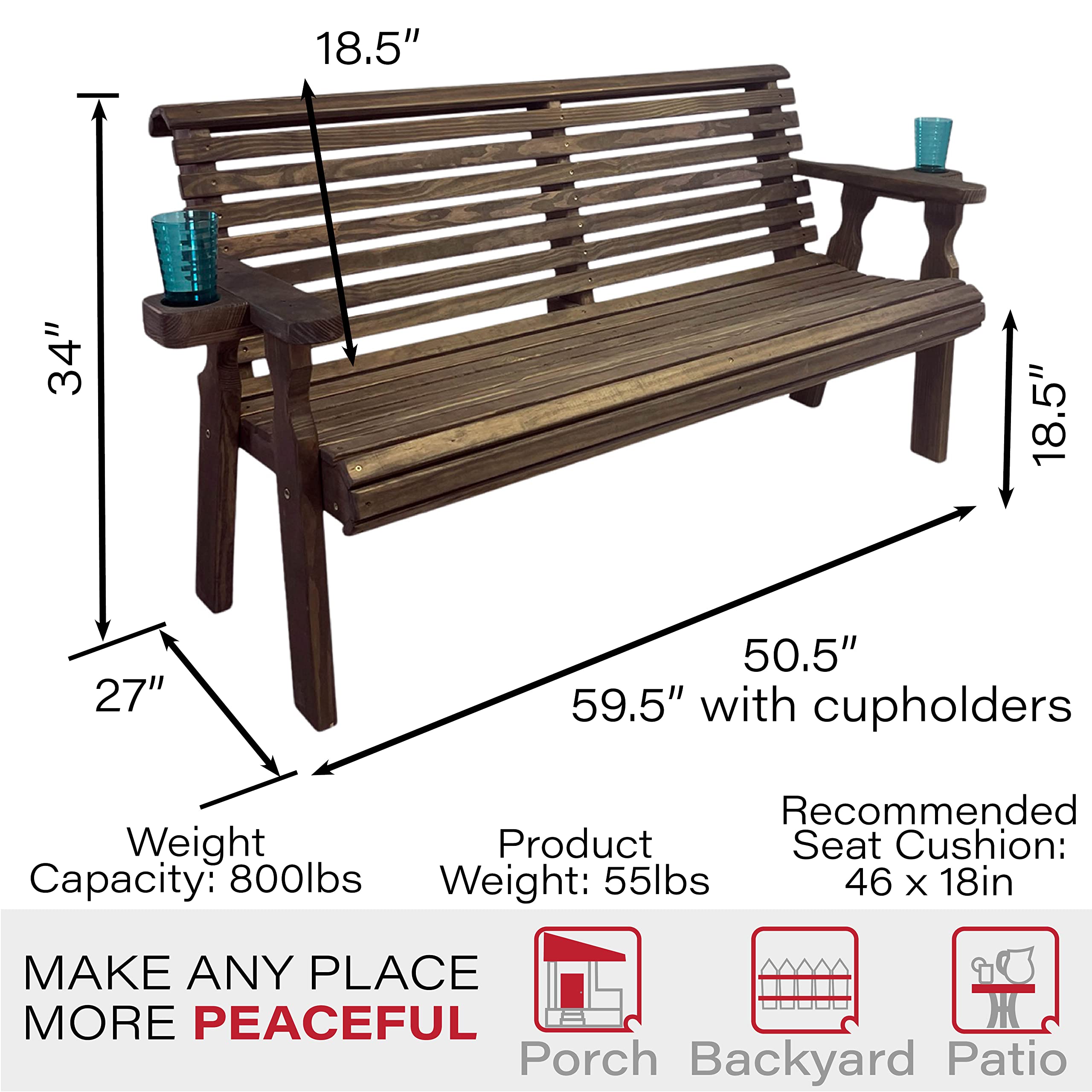 Amish Crafted Heavy Duty 4FT Outdoor Garden Bench with Cup Holders - Pressure Treated Dark Walnut Roll Back Design, 700LB Weight Capacity for Patio, Deck, Porch, and Backyard Relaxation