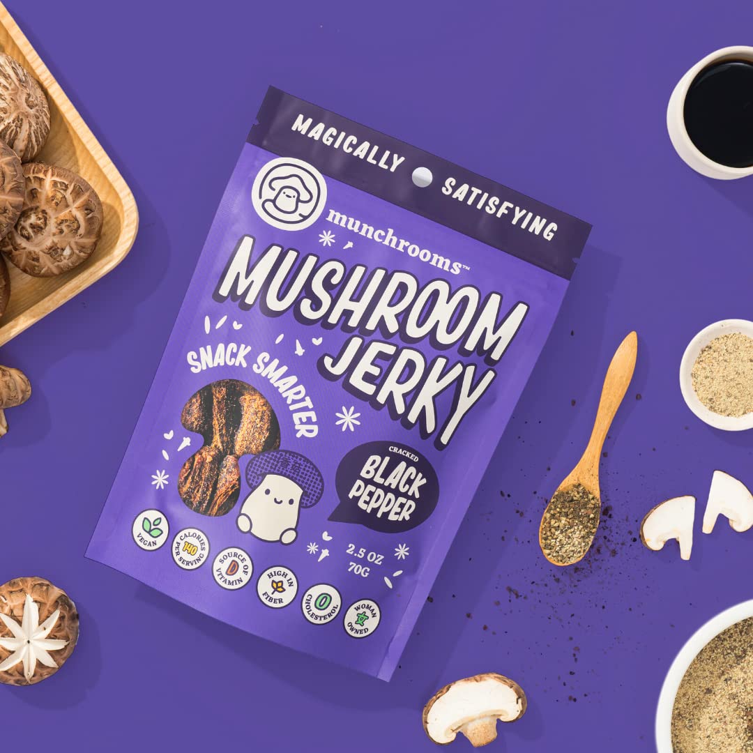 100% Plant-Based Vegan Mushroom Jerky - Cracked Black Pepper Flavor | Healthy Vegan Snacks, Non-GMO, Gluten-Free | Made with Shiitake Mushrooms | 2.5oz (70g) 6-Pack | Perfect for Hiking, Camping & On-the-Go Snacking