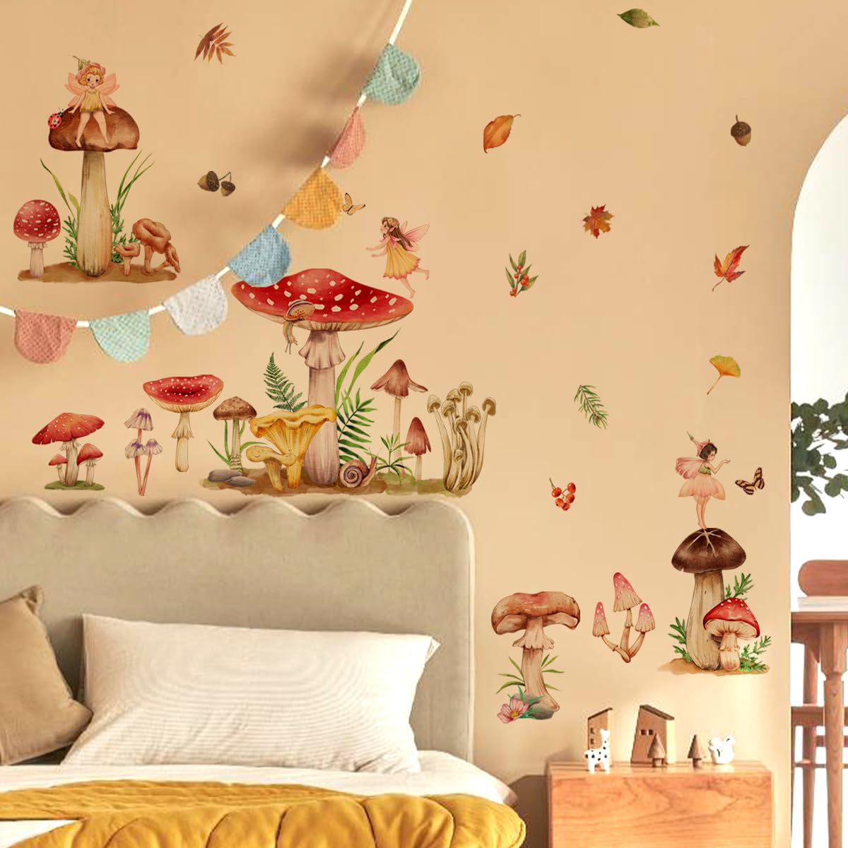Fairy Forest Mushroom Wall Decals - Woodland Nursery Stickers for Girls Bedroom, Living Room & Kitchen - Fall Leaves & Nature-Themed Room Decor - Perfect for Kids Rooms, Playrooms & Home Interior Design