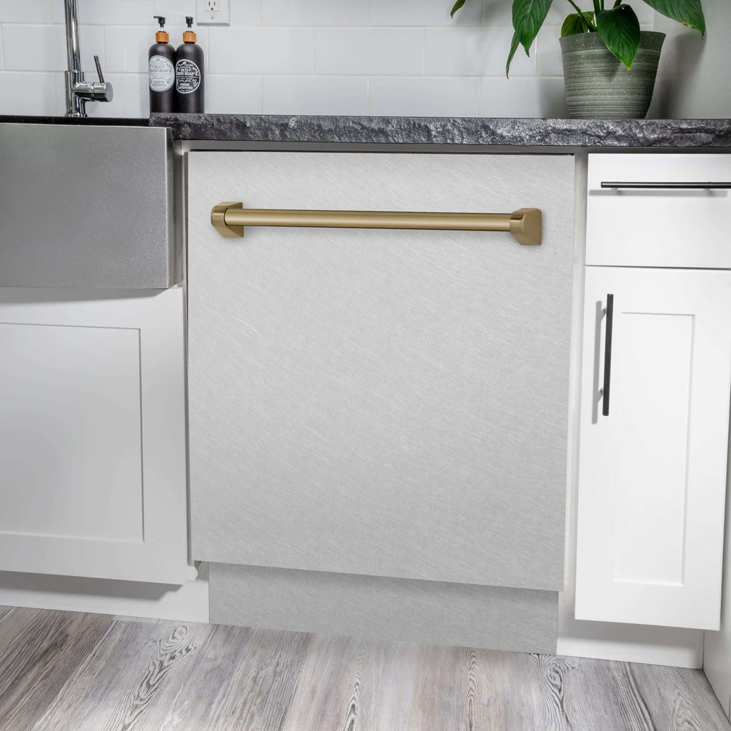 ZLINE Autograph Edition 24-inch Built-In Dishwasher with 3rd Rack - Satin Stainless Steel Panel & Champagne Bronze Handle - Ultra Quiet 51dBa - Perfect for Modern Kitchens and Open-Concept Homes (DWVZ SN 24 CB)