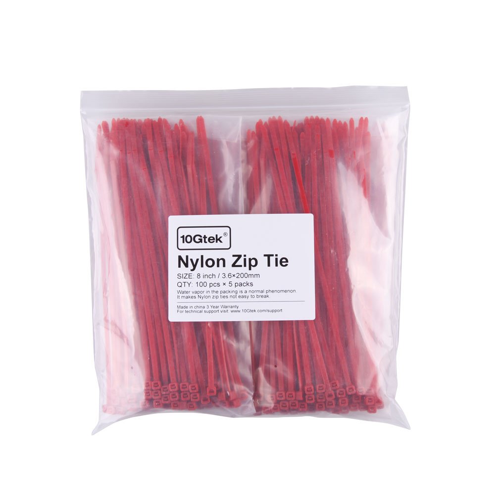 10Gtek 8-Inch Self-Locking Nylon Cable Ties (500pcs, Red) - Heavy Duty Wire Organizer for Home, Office & Industrial Use - Secure Wires, Cables & DIY Projects