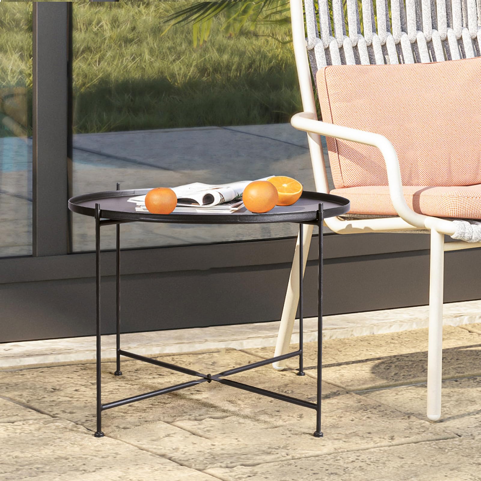 Round Side Table with Tray Top - Metal Folding Accent Coffee Table - Waterproof & Rustproof for Indoor & Outdoor Use - 21.65