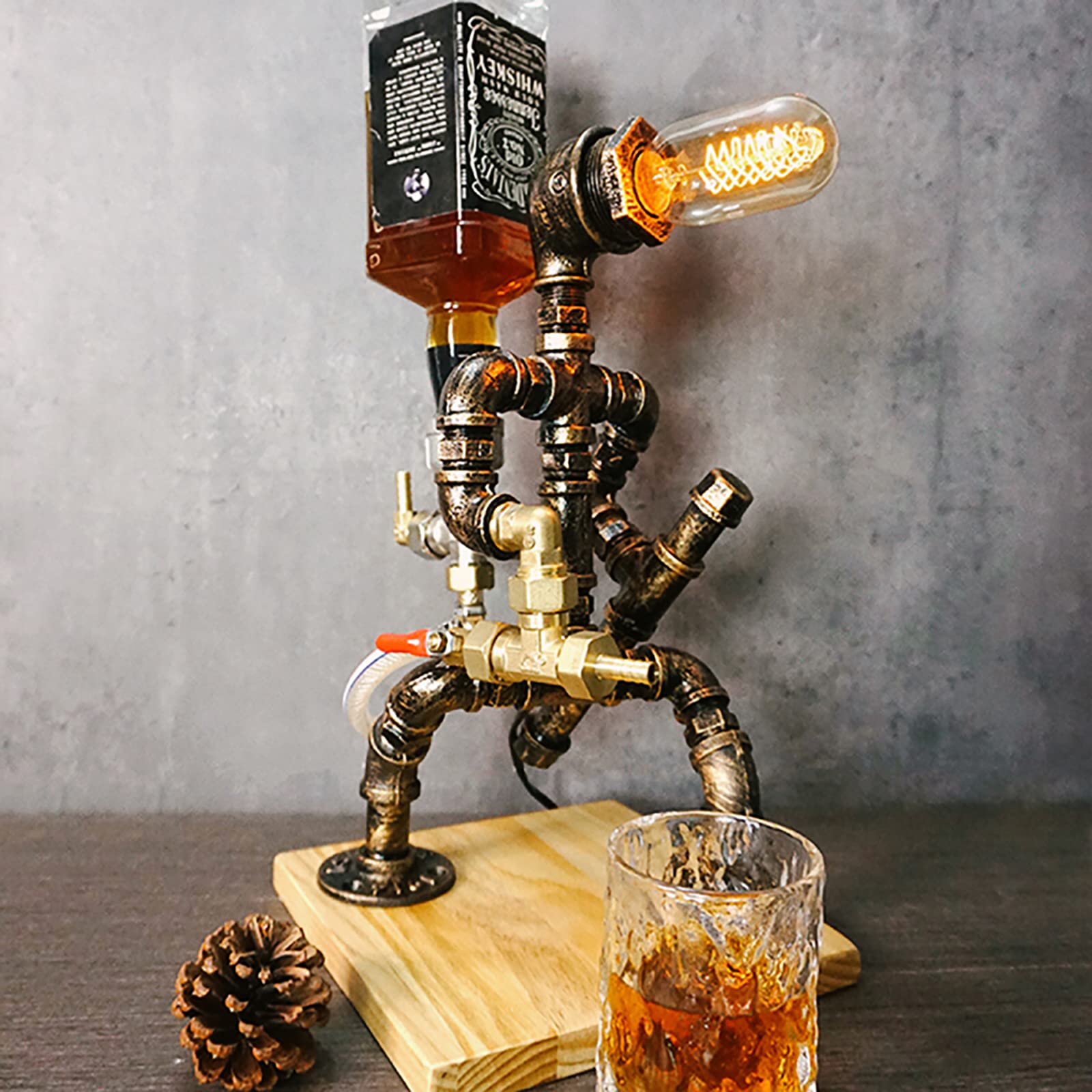 Steampunk Whiskey Liquor Dispenser with Wooden Base - Industrial Table Lamp & Fireman Pipe Robot Decor for Home Bar, Restaurant, Cafe - Unique Man Cave & Rustic Style Gift for Men - Perfect for Art Parties, Themed Events & Vintage Decor