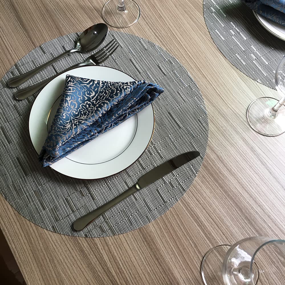 WAZAIGUR 15 Inch Round Placemats Set of 4 - Woven Vinyl Table Mats for Kitchen & Dining, Heat Resistant & Easy to Clean (Silver Grey) - Perfect for Everyday Meals, Dinner Parties, and Holiday Gatherings