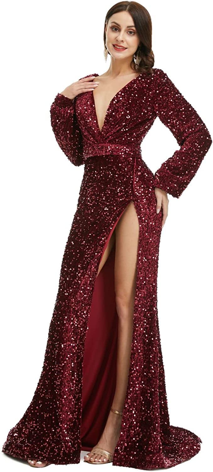 Elegant Women's V-Neck Sequin Long Sleeve Prom Dress with High Split Mermaid Tail - Perfect for Wedding, Evening Party, Cocktail & Formal Events