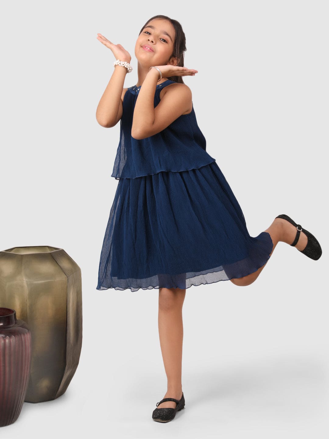 Elegant Teal Pleated Frock with Diamond Neckline Embellishment - Perfect for Parties, Weddings & Special Occasions