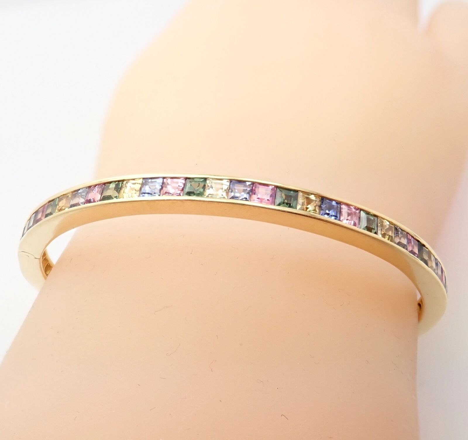 Authentic Julius Cohen 18K Yellow Gold Diamond & Pastel Gemstone Cuff Bracelet - Luxury Jewelry for Women, Perfect for Weddings, Parties & Special Occasions