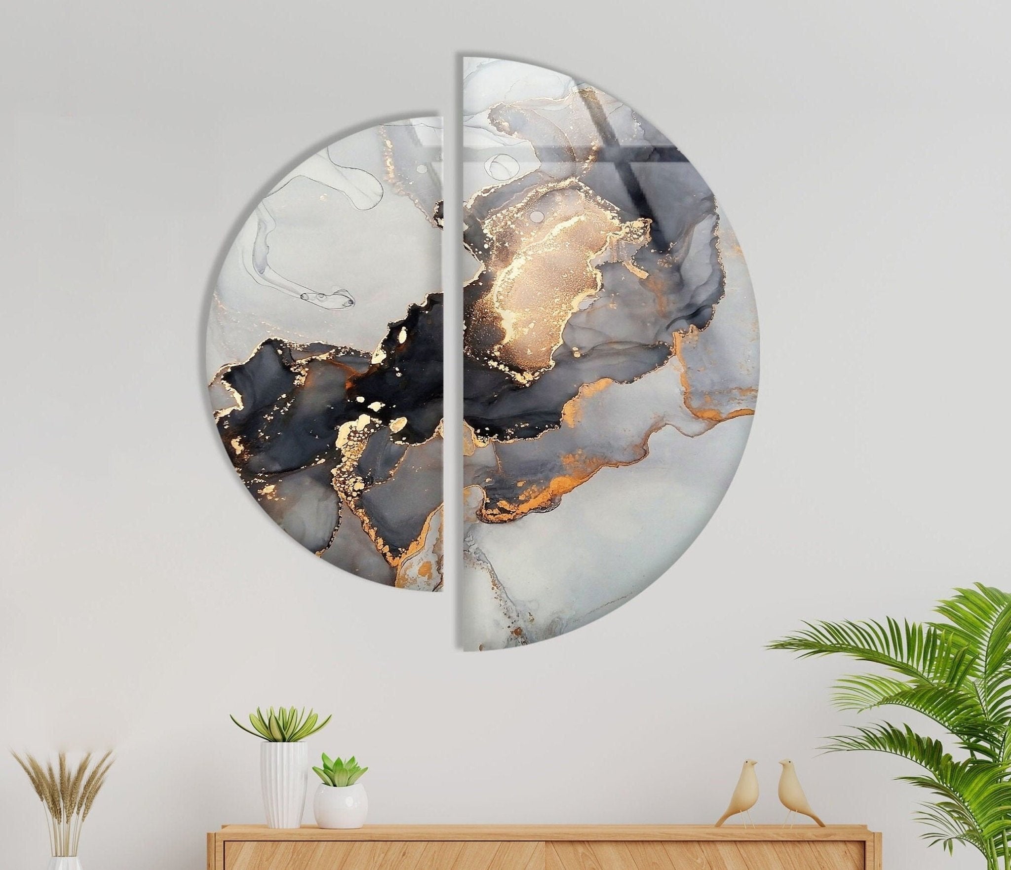 2 Piece Grey Golden Marble Glass Wall Art Set - Modern Abstract Home Decor for Living Room, Bedroom, Office - Shatterproof Tempered Glass Hanging Decor