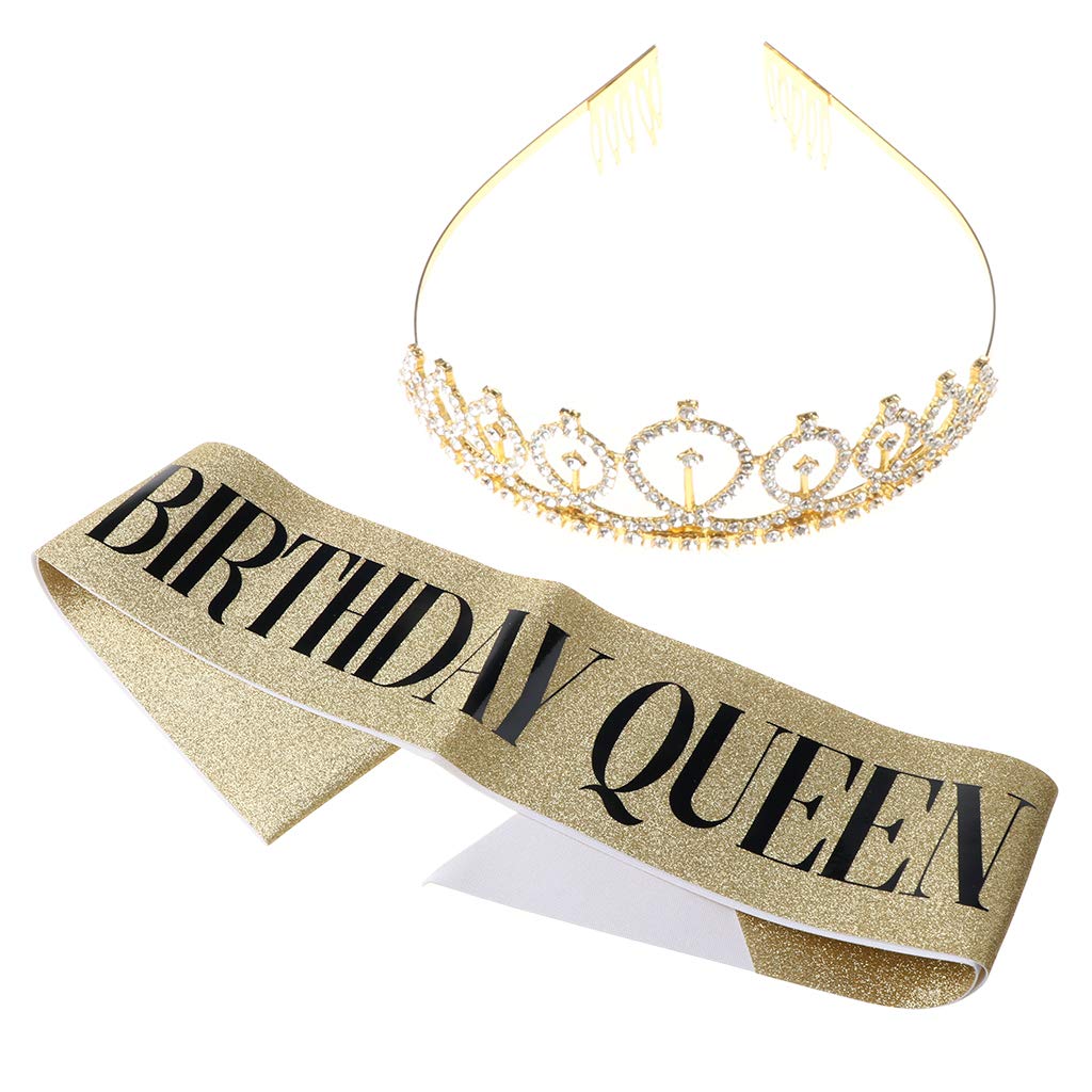 Hibye Birthday Crowns for Women - CIEHER Rhinestone Tiara & Queen Sash Set, Elegant Birthday Party Accessories for Bachelorette, Bridal Shower, Birthday Celebrations