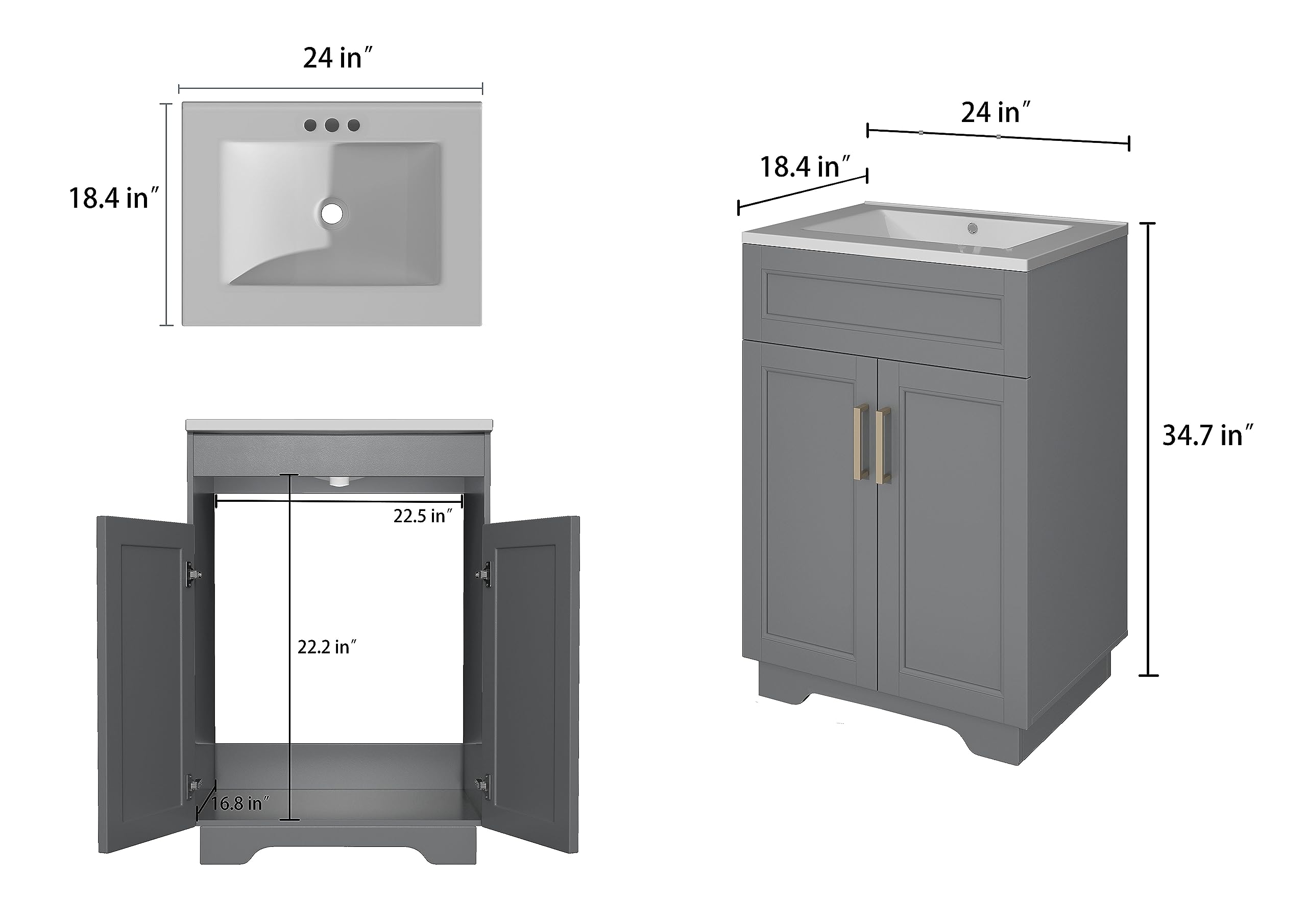 OLD CAPTAIN 24 Inch Bathroom Vanity with Ceramic Sink & Wooden Double Doors - Quick Assembly White & Grey Bathroom Storage Cabinet for Small Spaces | Perfect for Powder Rooms, Guest Baths & Apartment Renovations