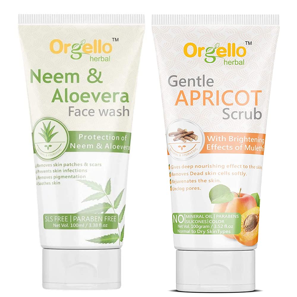 Orgello Herbal Neem & Aloe Vera Face Wash for Acne, Pimples & Dry Skin - Gentle Cleanser for Men & Women | Exfoliating Whitening Apricot Face Scrub for Normal, Oily & Dry Skin | Pack of 2 (100g Each) | Daily Skincare Routine for Clear & Glowing Complexion