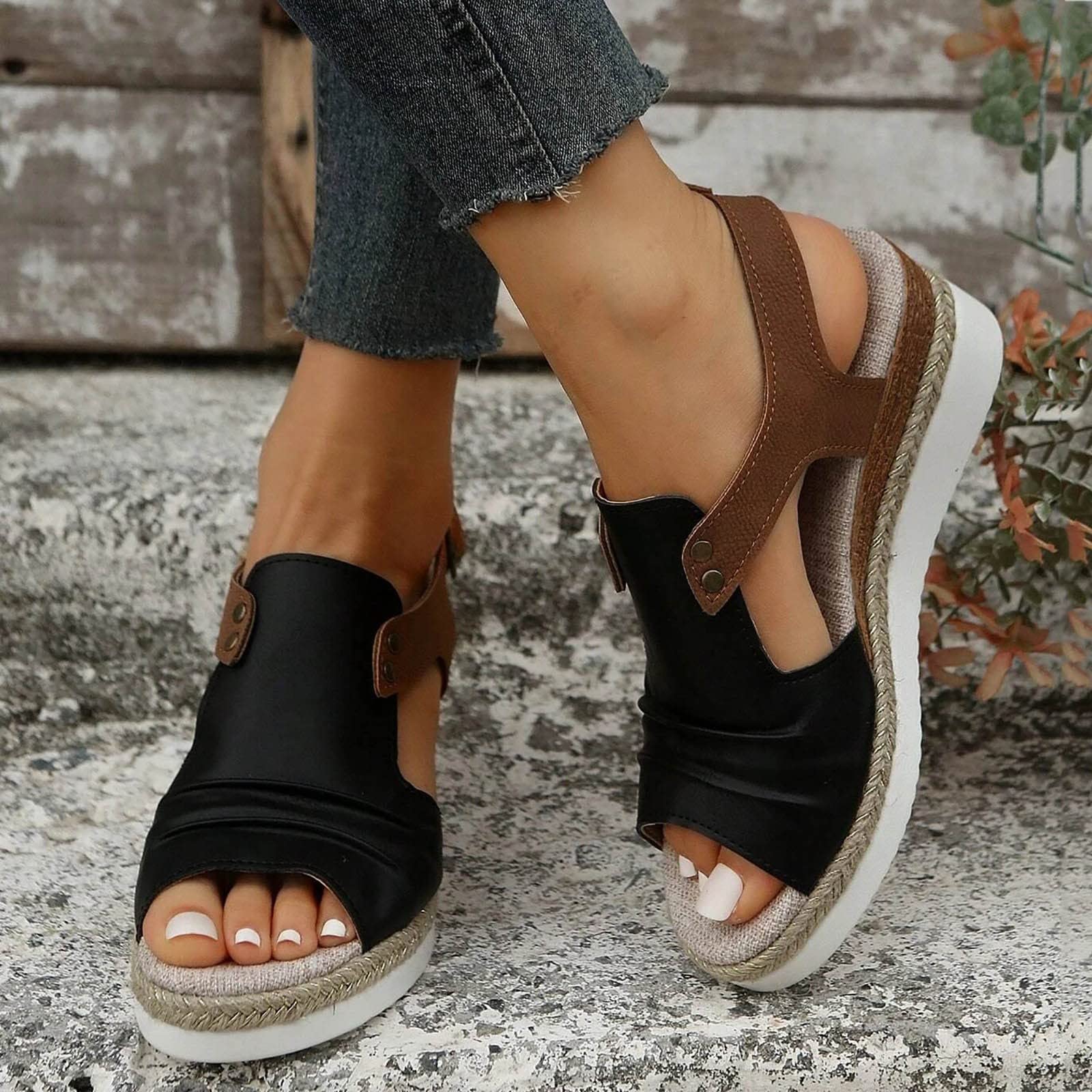 EMRELOD Women's Comfortable Orthopedic Wedge Sandals - Platform Espadrille with Ankle Strap, Low Heel Fashion Beach Shoes (Black, Size 7) | Perfect for Summer Outfits, Casual Wear & Vacation