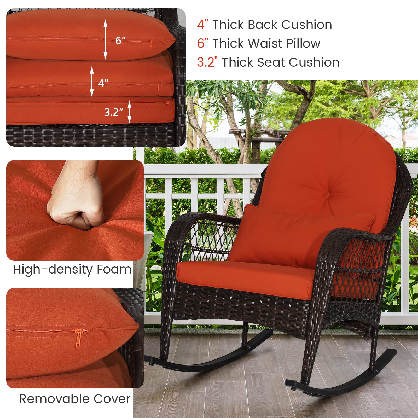 **MEDIMALL Outdoor Wicker Rocking Chair with Lumbar Pillow & Cushions – Patio Rattan Rocker with Padded Seat, Durable Metal Frame, Mix Brown Wicker Furniture for Balcony, Porch, Deck, Backyard (Red) – Perfect for Relaxing, Reading, or Sunbathing**