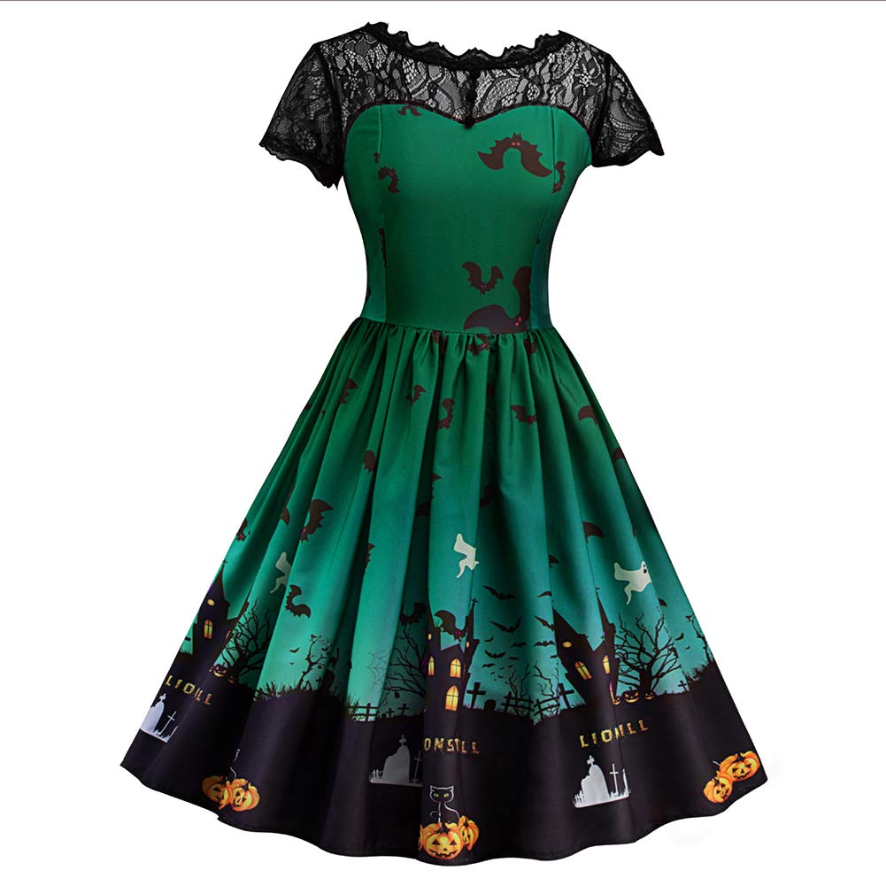 Women's Halloween Costume Dress - Short Sleeve Lace Pumpkin Ghost A-Line Midi Dress with Patchwork Design | Skater Swing Party Outfit for Halloween, Cosplay & Themed Events