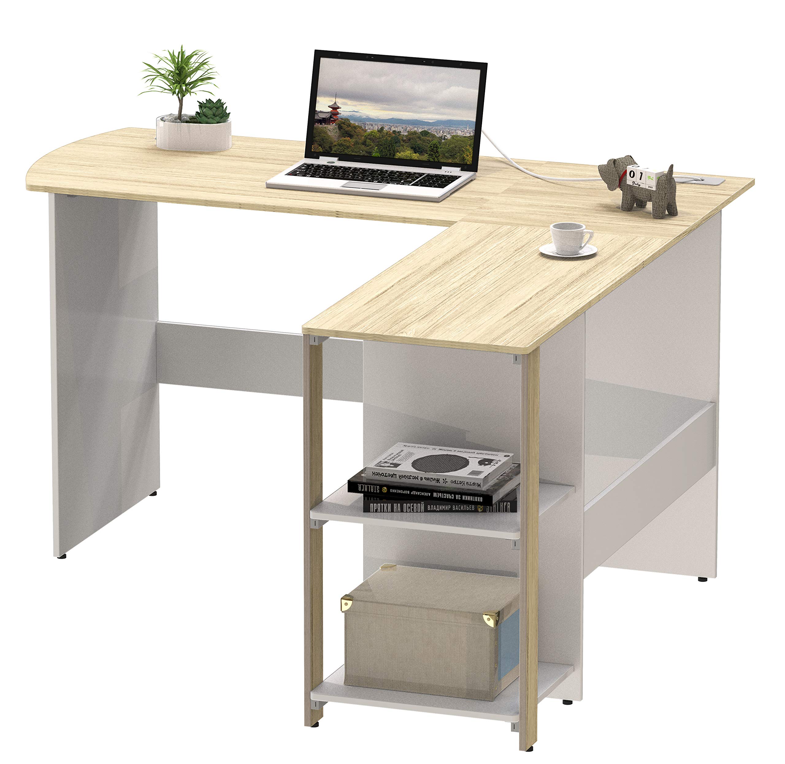SHW L-Shaped Home Office Corner Desk with Solid Wood Top - Oak Finish for Small Spaces | Perfect for Remote Work, Gaming & Study Setup
