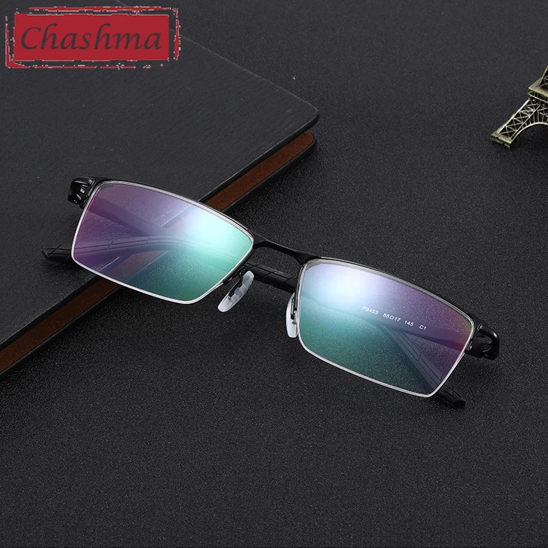 Men's Semi-Rimless Square Alloy Eyeglasses 49453 - Lightweight Metal Frame Glasses for Work, Reading & Fashion