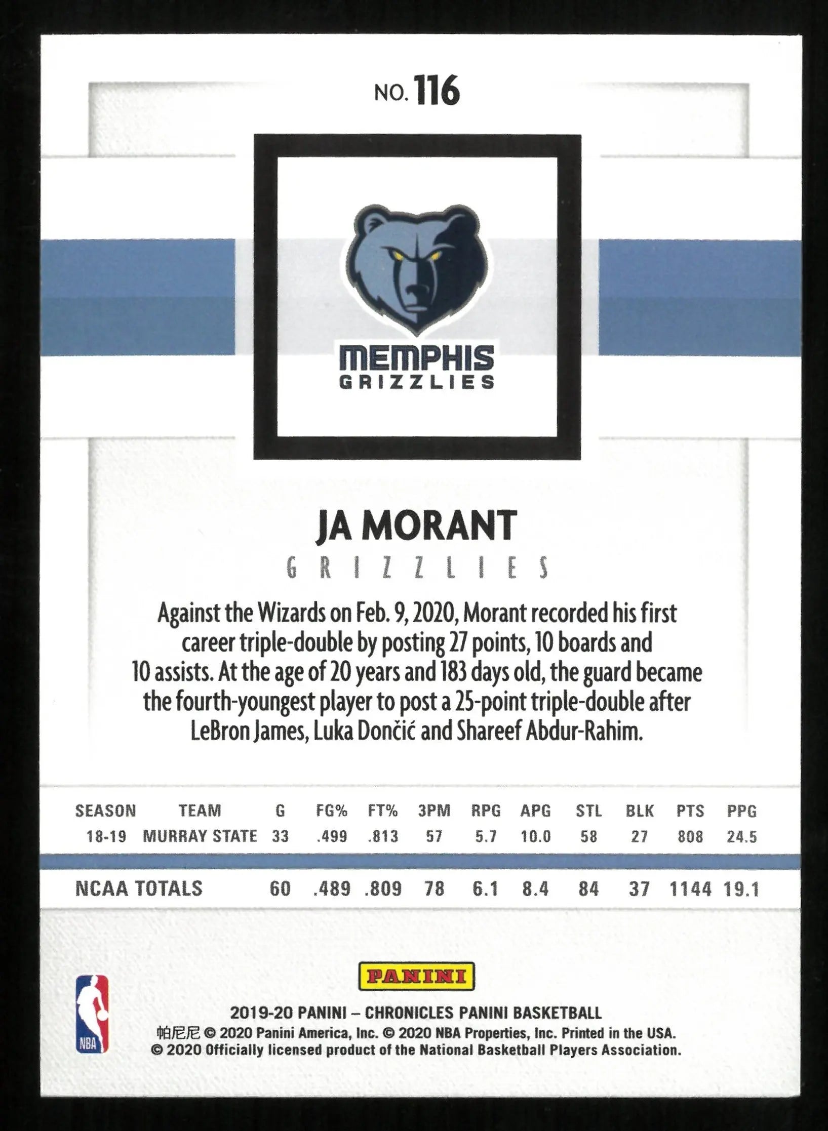 2019-20 Panini Chronicles Basketball Ja Morant Rookie Card RC Feat. Young Dolph - Collectible Sports Memorabilia for NBA Fans & Card Enthusiasts