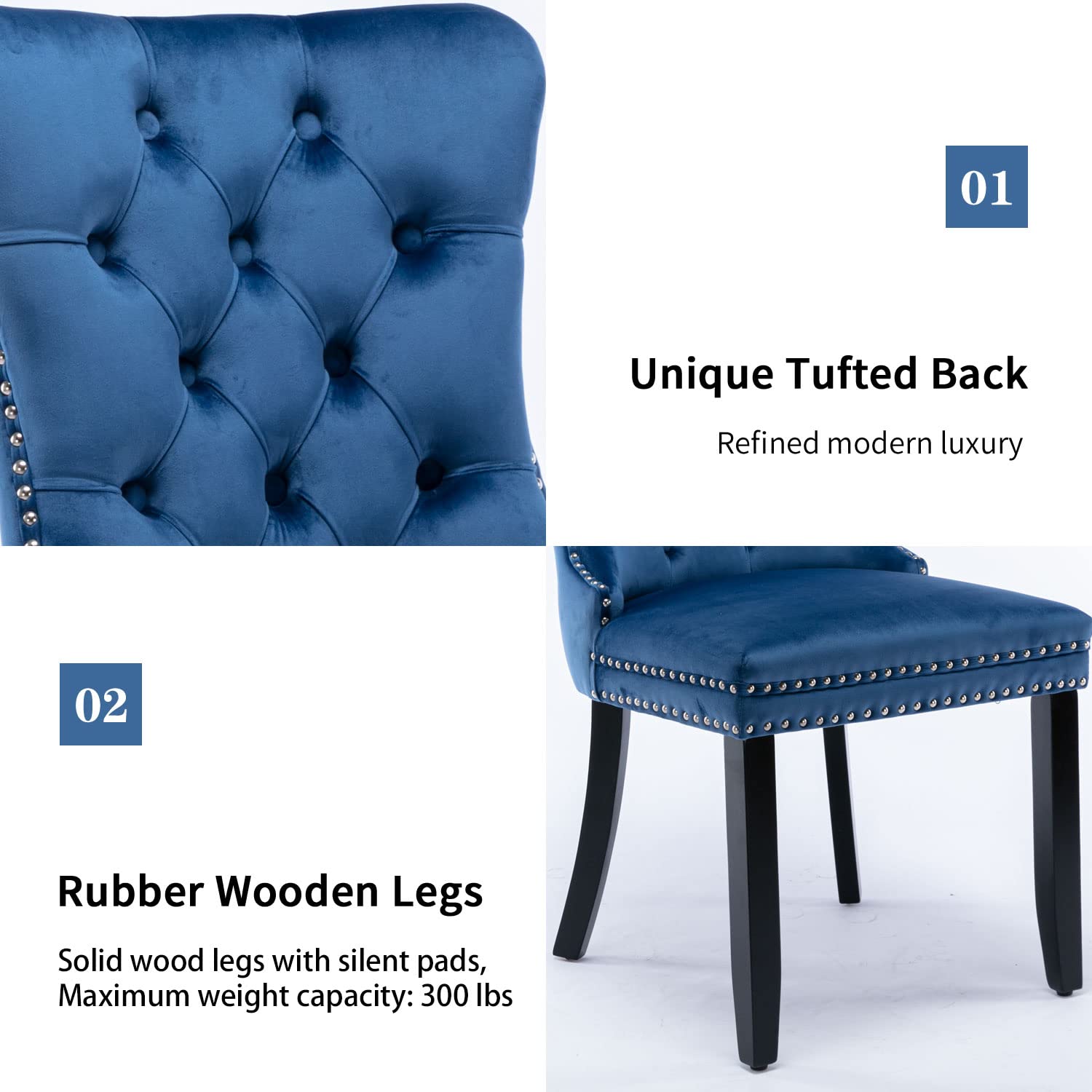 Luxury Velvet Dining Chairs Set of 4 - Modern Upholstered Kitchen & Dining Room Chairs with Ring Pull Trim, Button Tufted Back - Elegant Blue Velvet Living Room Chairs for Home Decor, Dinner Parties & Cozy Gatherings