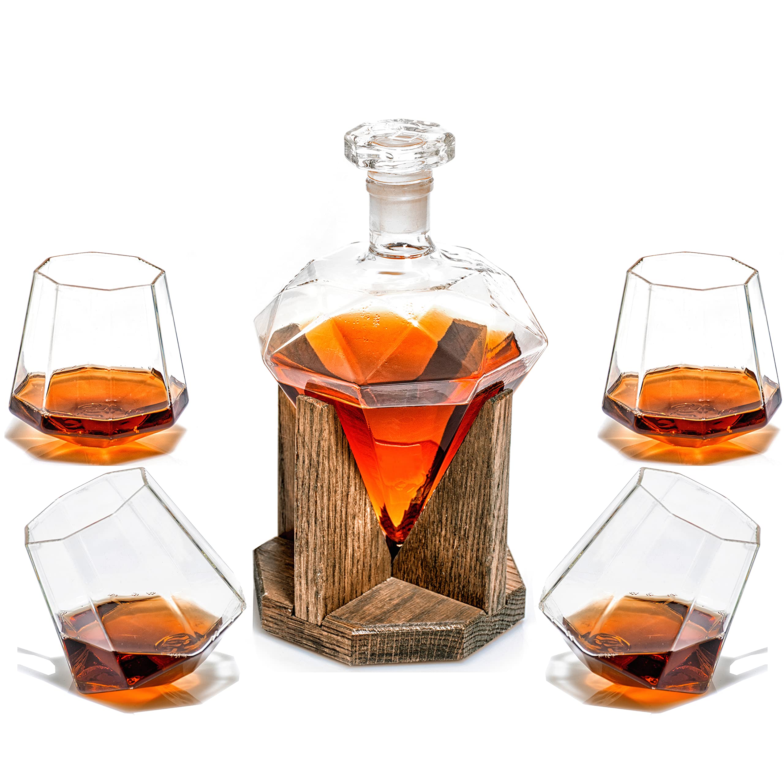 Premium Whiskey Decanter Set with 4 Crystal Glasses - Elegant Diamond-Cut Design for Bourbon, Scotch, Rum & Wine - Perfect 10 Year Anniversary Gift, Newlywed Present & Groomsmen Gift - 1000ml Large Capacity Liquor Decanter - Ideal for Home Bars, Dinner Parties & Special Celebrations