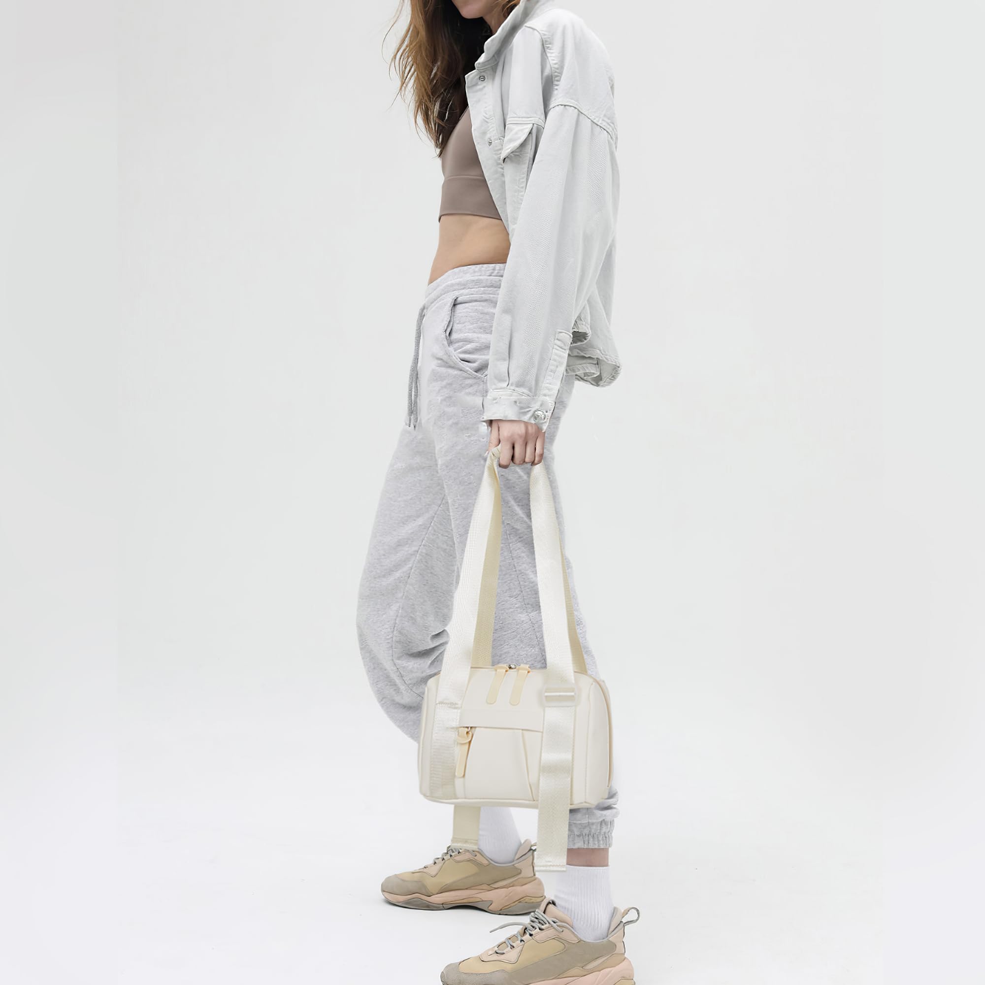 Waterproof Mini Gym Bag for Women - Small Zippered Tote with Key Ring Clip & Adjustable Shoulder Strap, Lightweight Duffle for Workout, Travel & Sports | Easy-Clean Beige Fitness Bag for Yoga, Gym & Daily Commute
