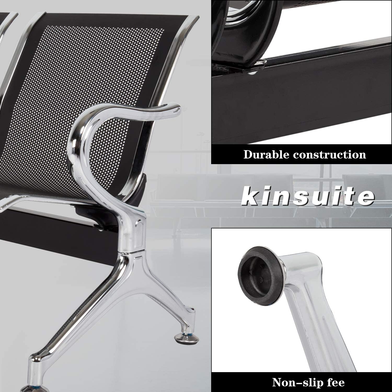 Kinsuite Heavy Duty Reception Chairs Set of 2 - Black Waiting Room Chairs for Office, Bank, Hospital & School - Durable 2-Seat Guest Chairs for Professional Spaces & High-Traffic Areas